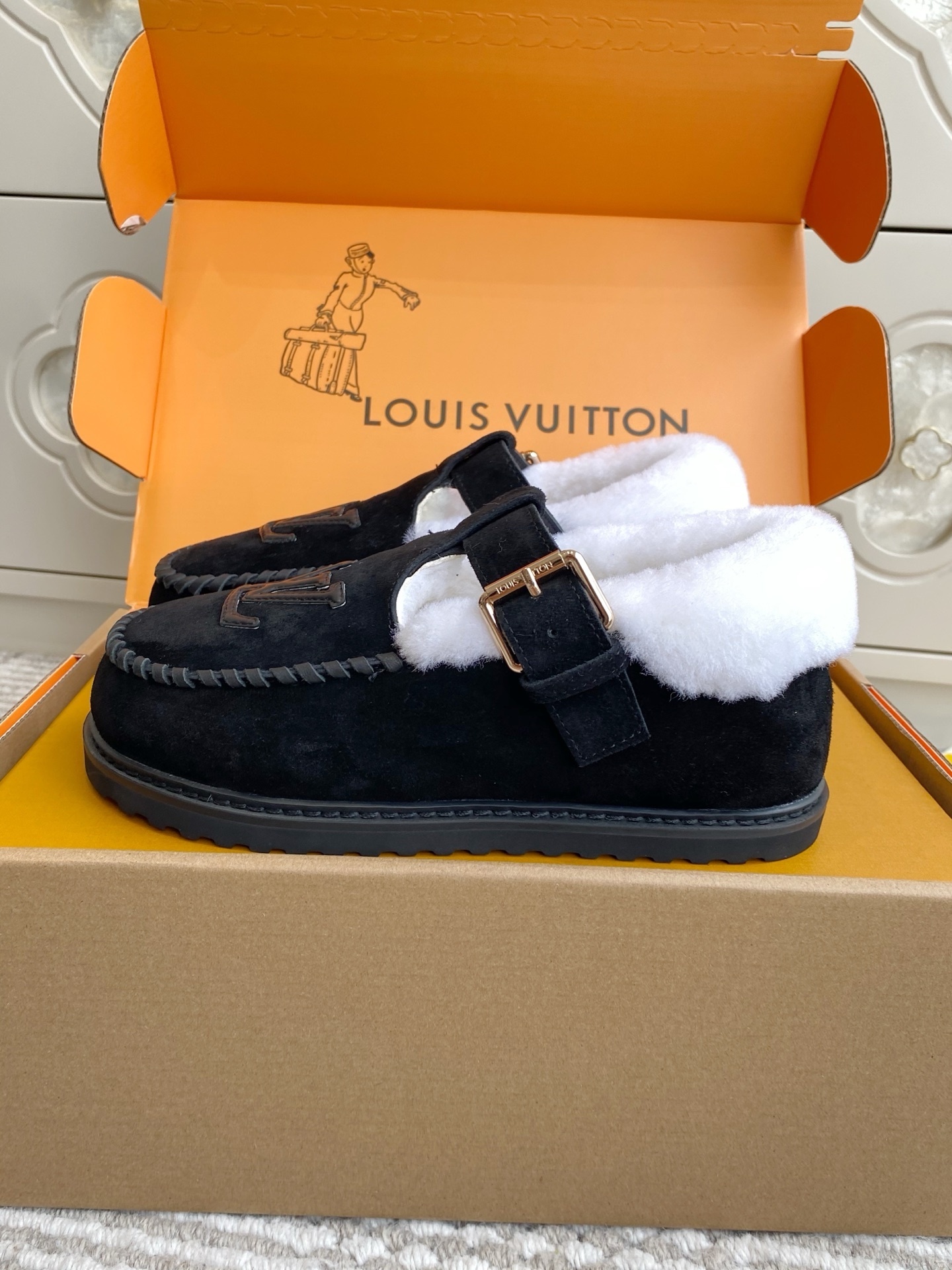 Louis Vuitton Black Suede Shearling Loafers Luxury Mules