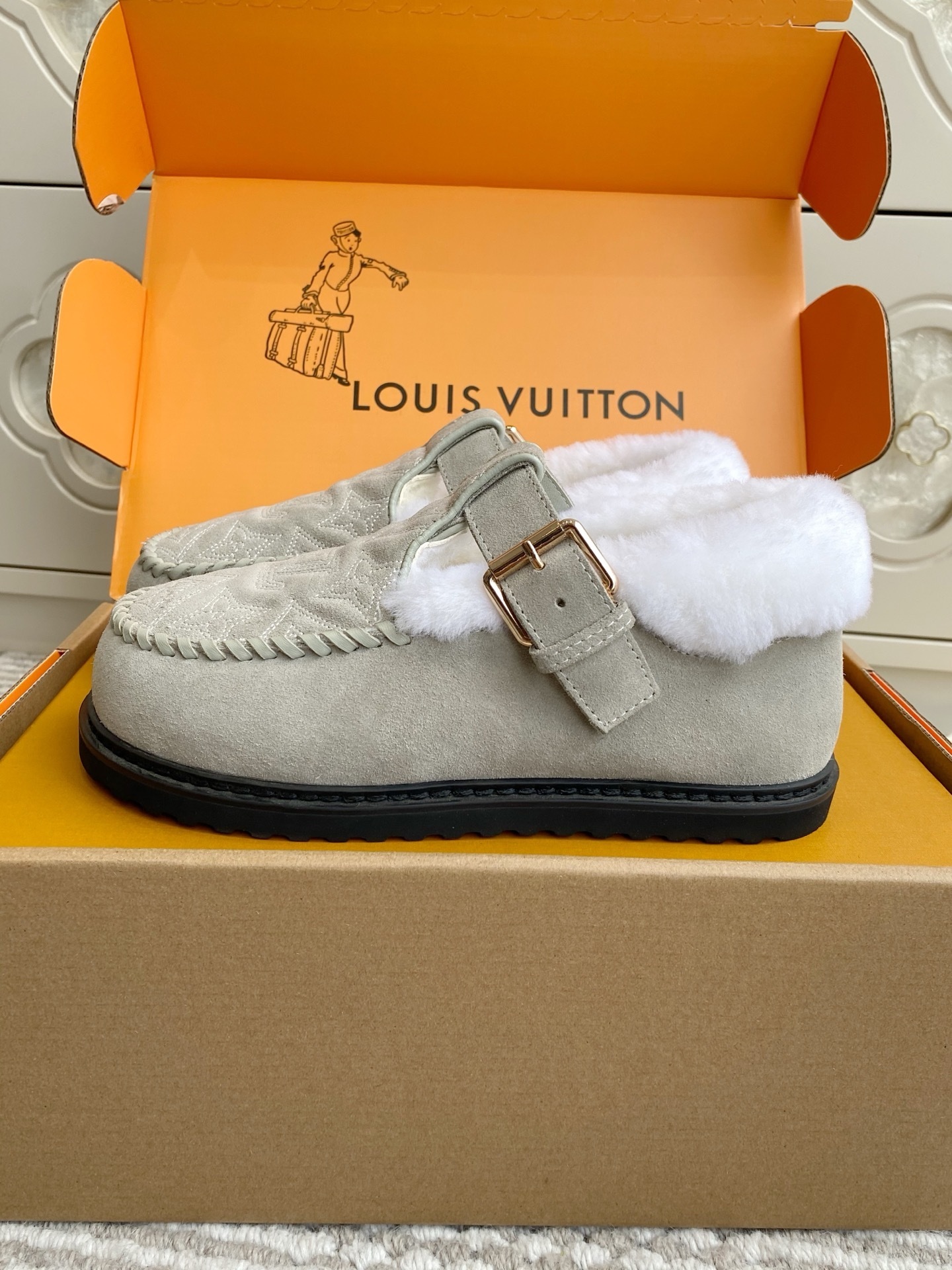 Louis Vuitton Women's Grey Monogram Shearling Lined Mules