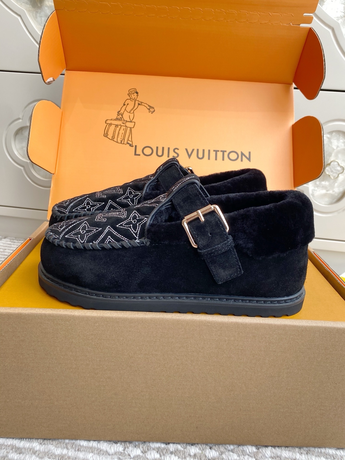 Louis Vuitton Monogram Embroidered Black Shearling Mules