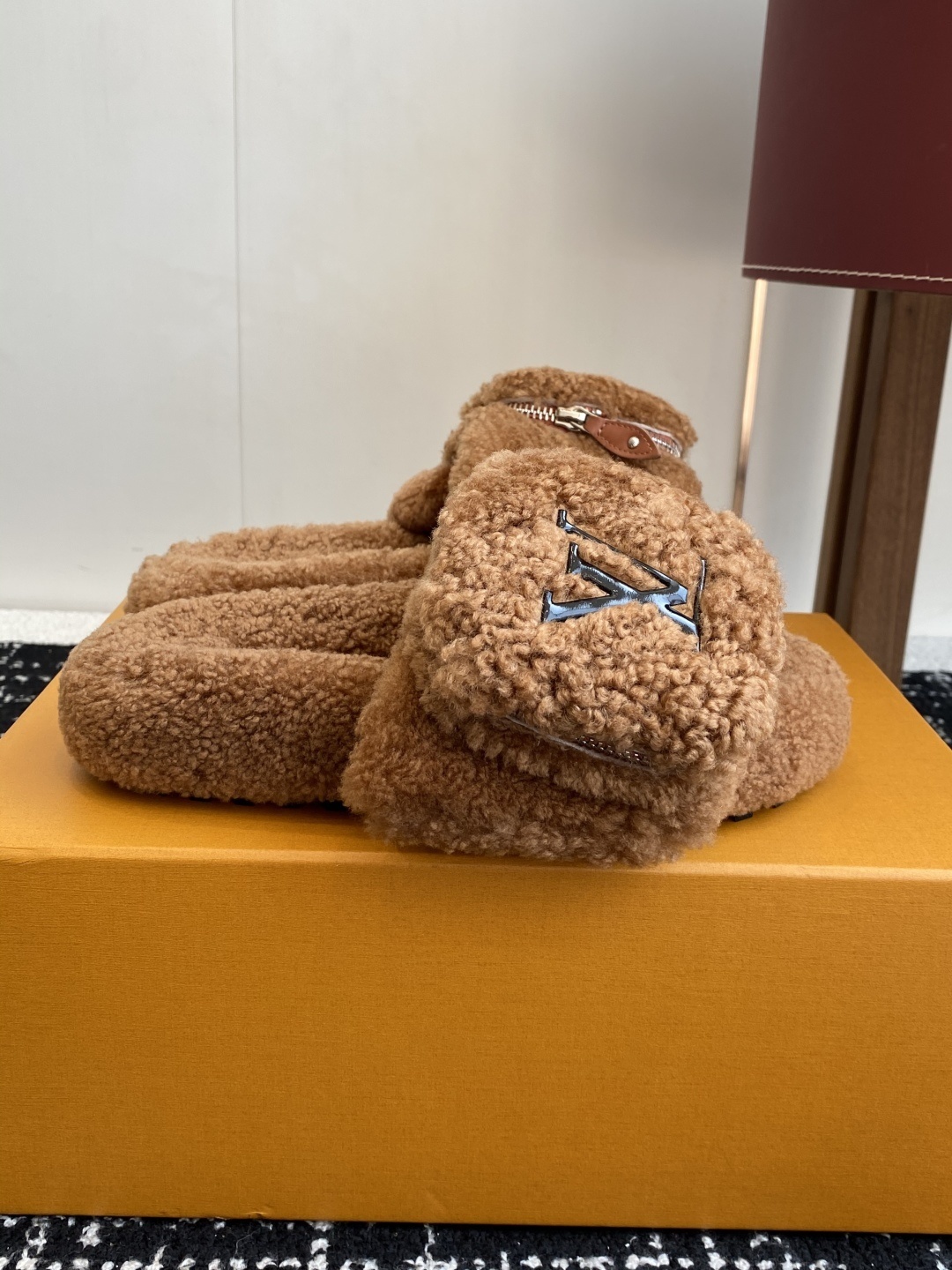 Louis Vuitton Brown Shearling Slides with Pouch - Luxury Slippers