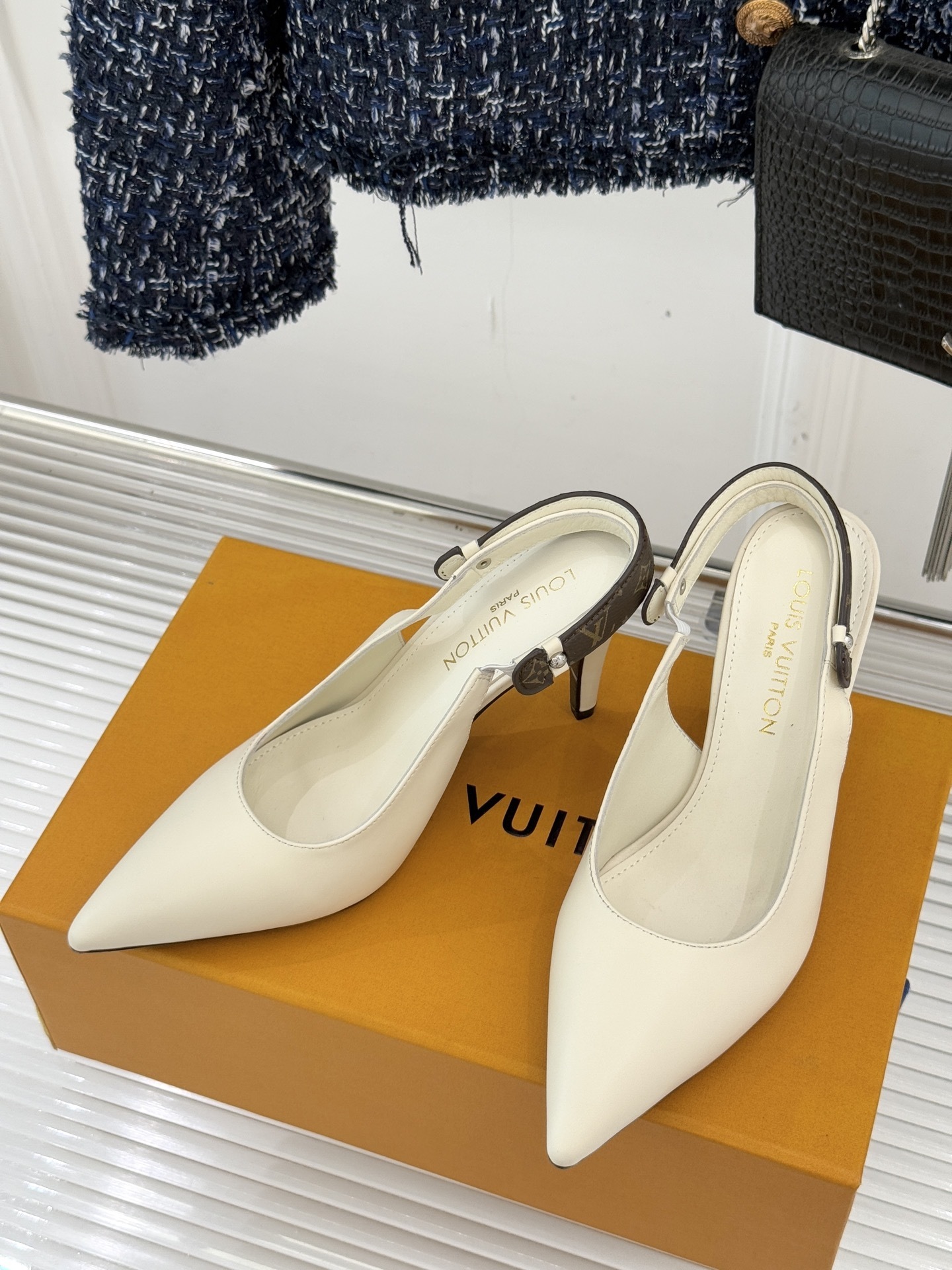 Louis Vuitton Monogram Cream Leather Slingback Pumps - Pointed Toe