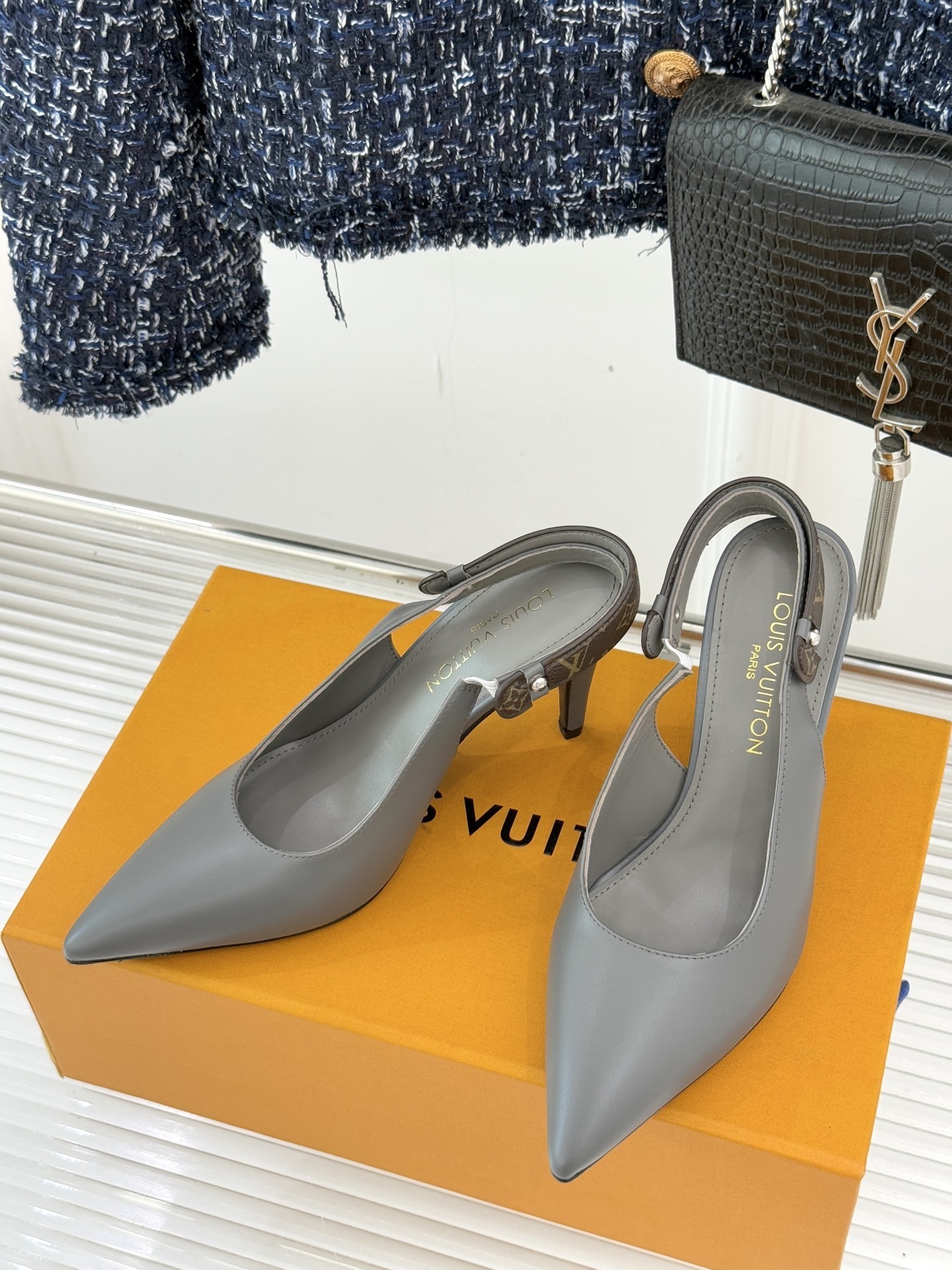 Louis Vuitton Grey Leather Monogram Slingback Pointed Toe Pumps