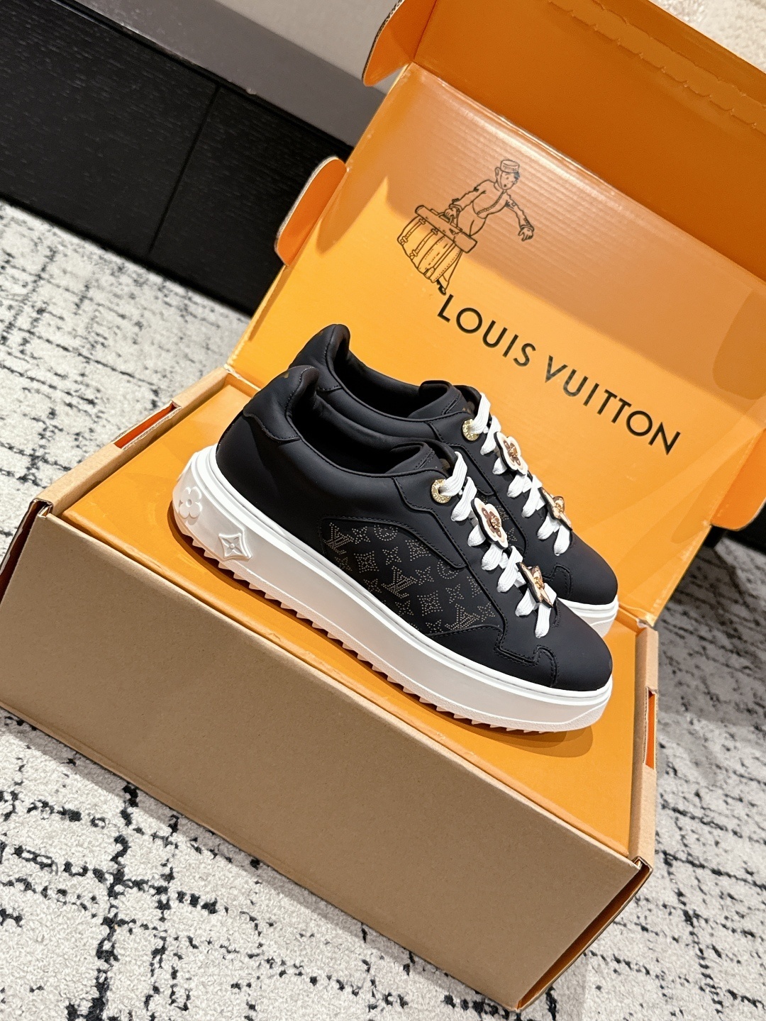 Louis Vuitton Monogram Black Sneakers with Luxury Flower Charms