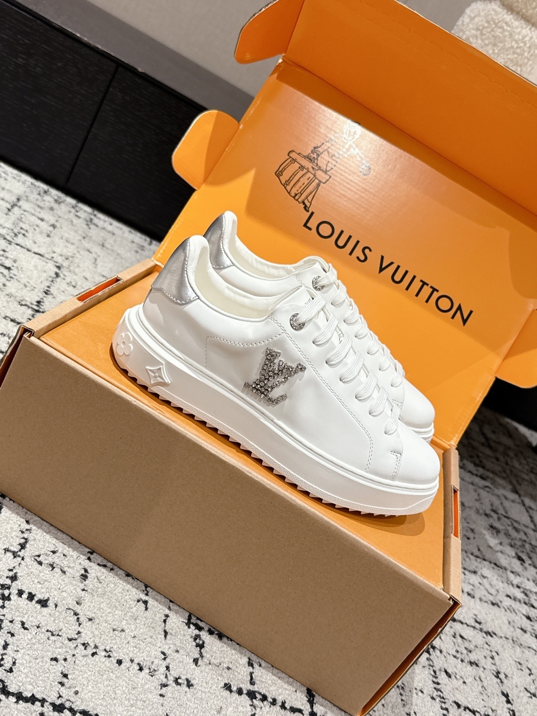 Louis Vuitton White Leather Rhinestone LV Monogram Sneakers