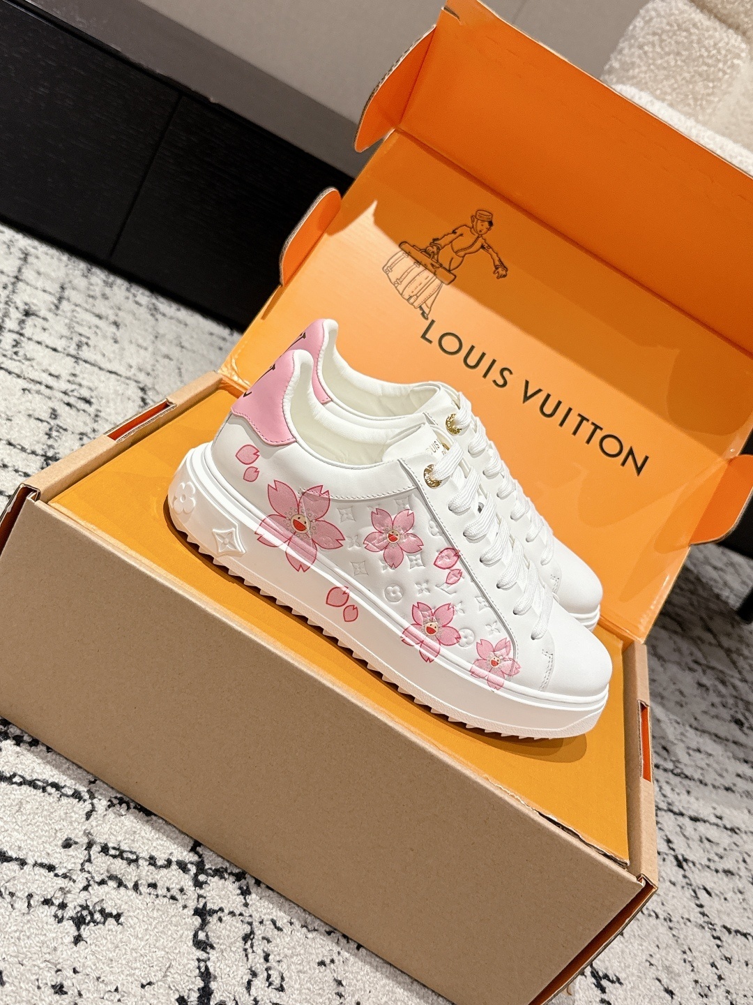 Louis Vuitton White Pink Floral Monogram Leather Women's Sneakers