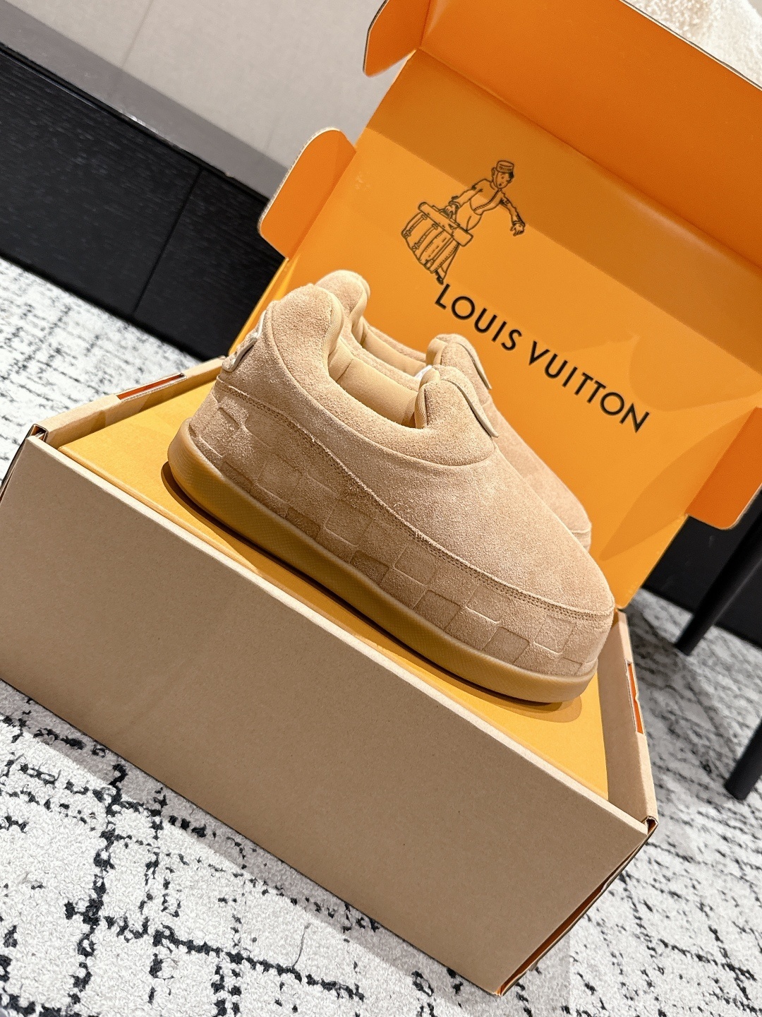 Louis Vuitton Tan Suede Damier Embossed Luxury Slippers