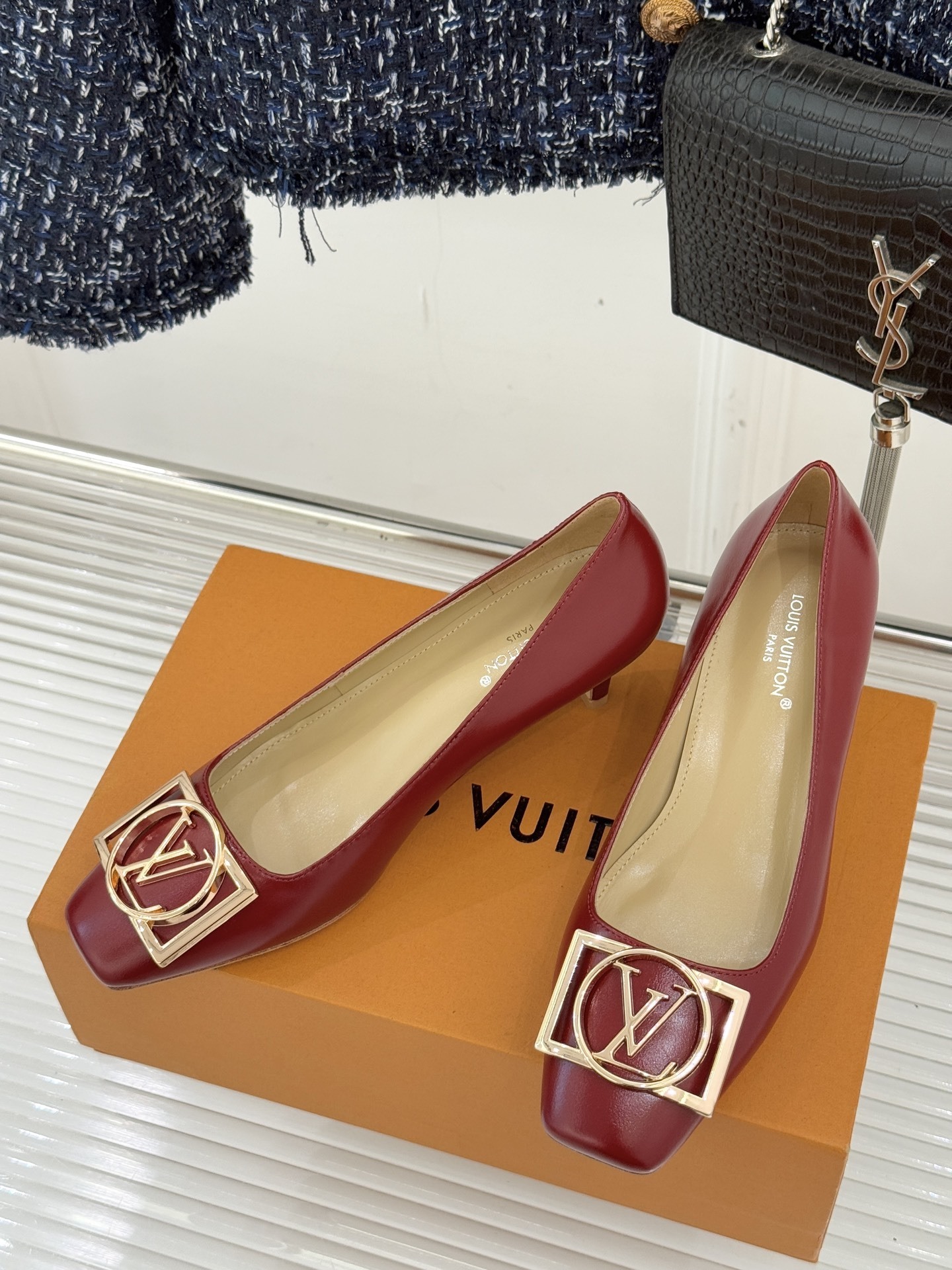 Luxury Red Leather Kitten Heel Pumps with Gold Buckle