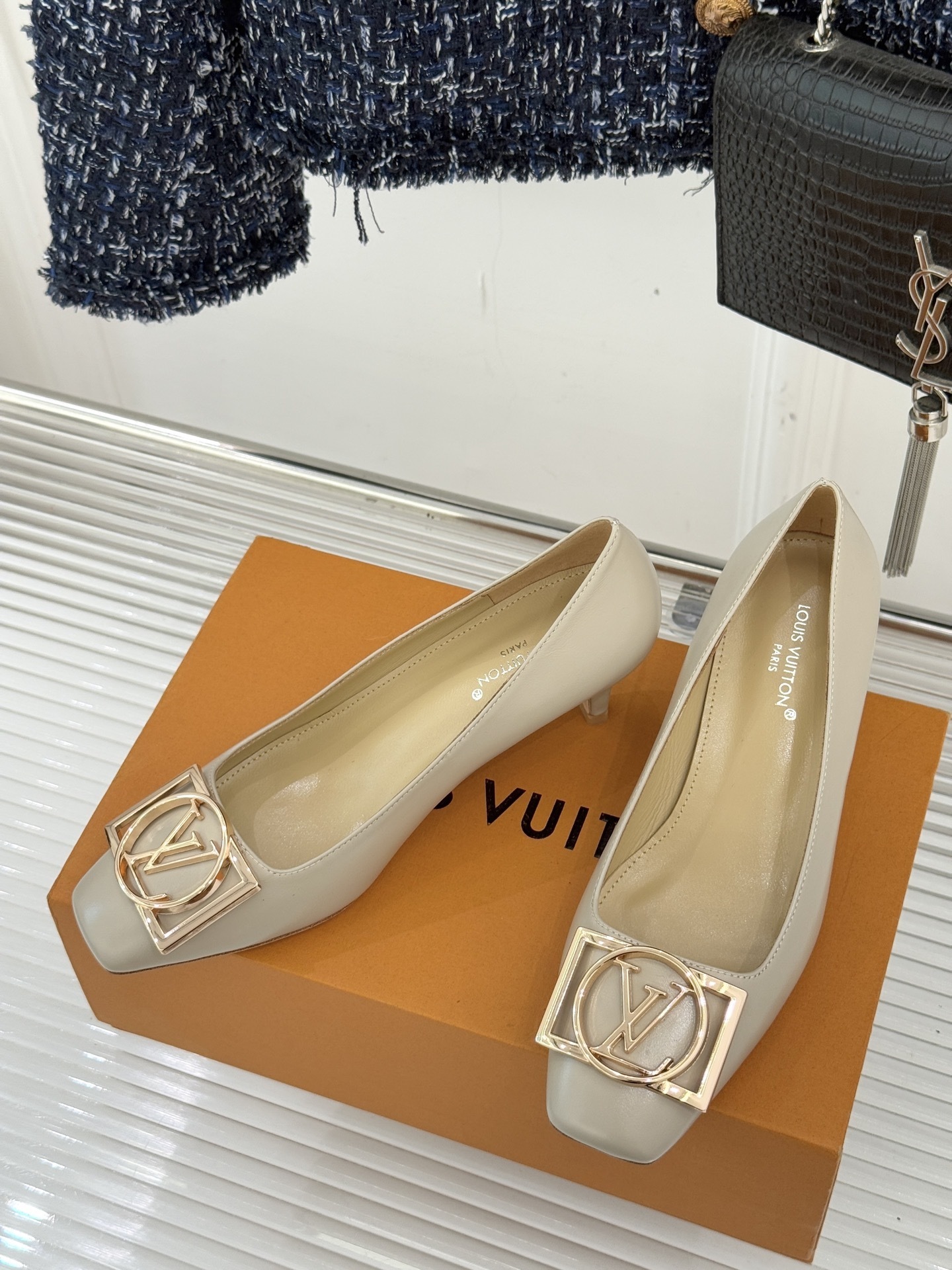 Luxury Beige Leather Kitten Heel Pumps with Gold LV Buckle