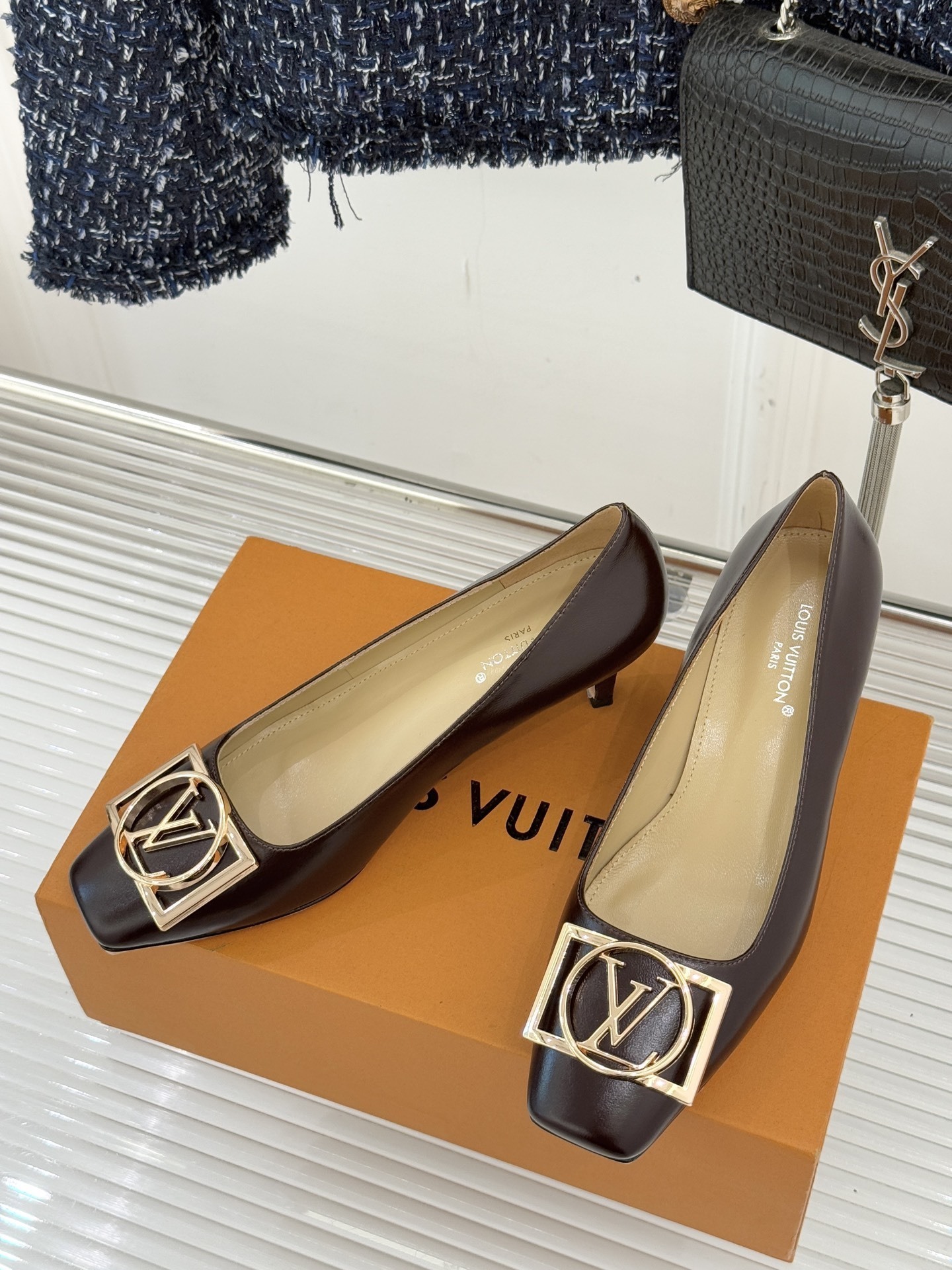 Louis Vuitton Dark Brown Leather Square Toe Kitten Heel Pumps