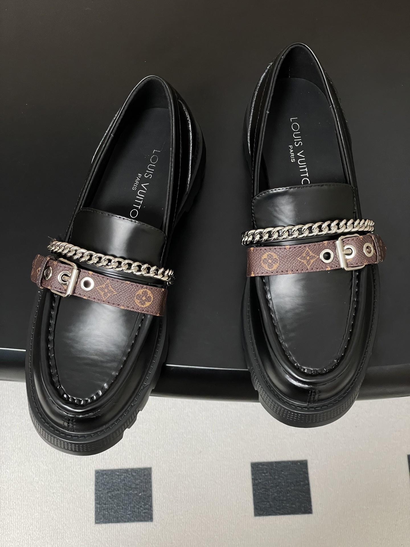 Women's Black Chunky Platform Loafers with Chain & Monogram Strap