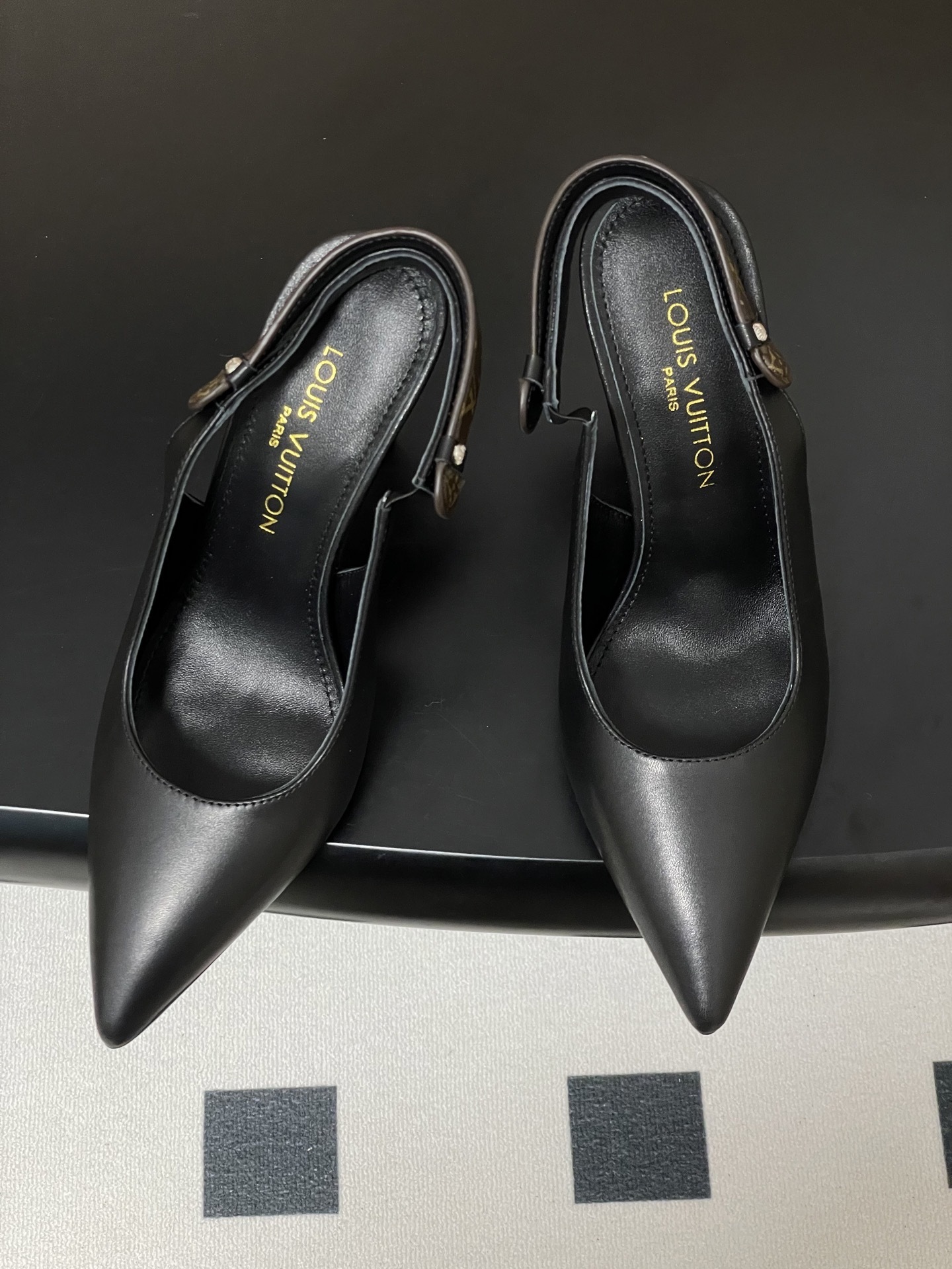 Louis Vuitton Black Leather Monogram Strap Slingback Pumps