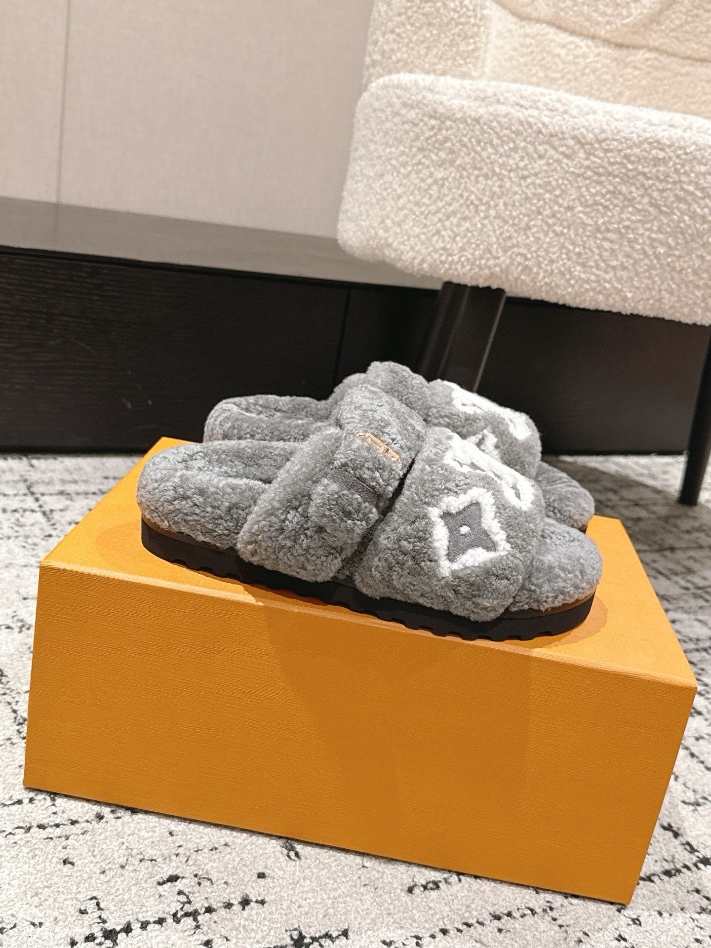 Louis Vuitton Grey Shearling Monogram Comfort Slides