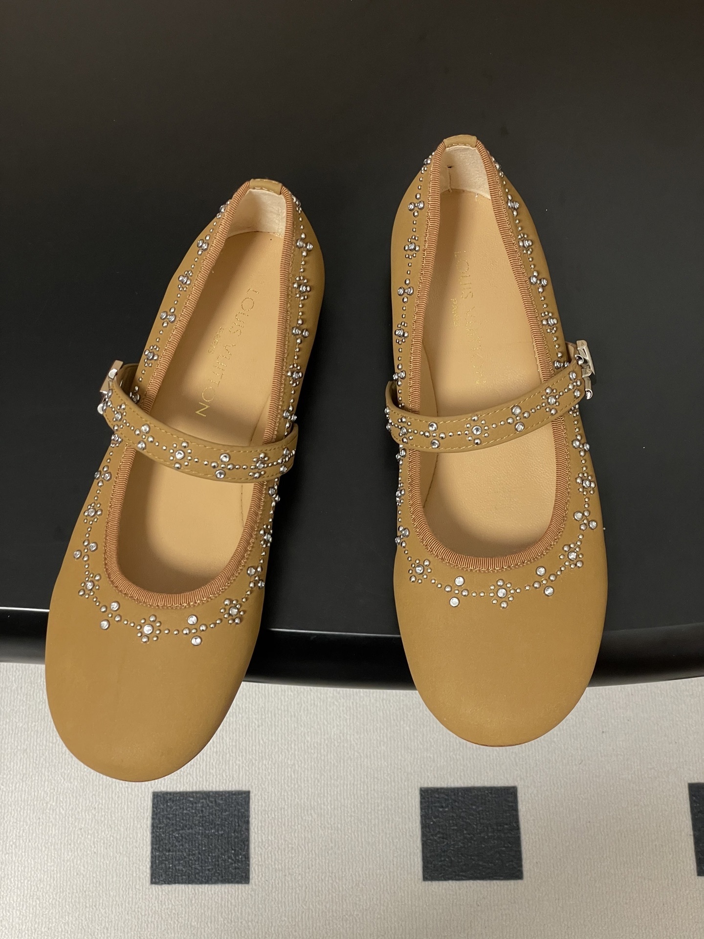 Crystal Studded Mary Jane Flats - Elegant Mustard Yellow