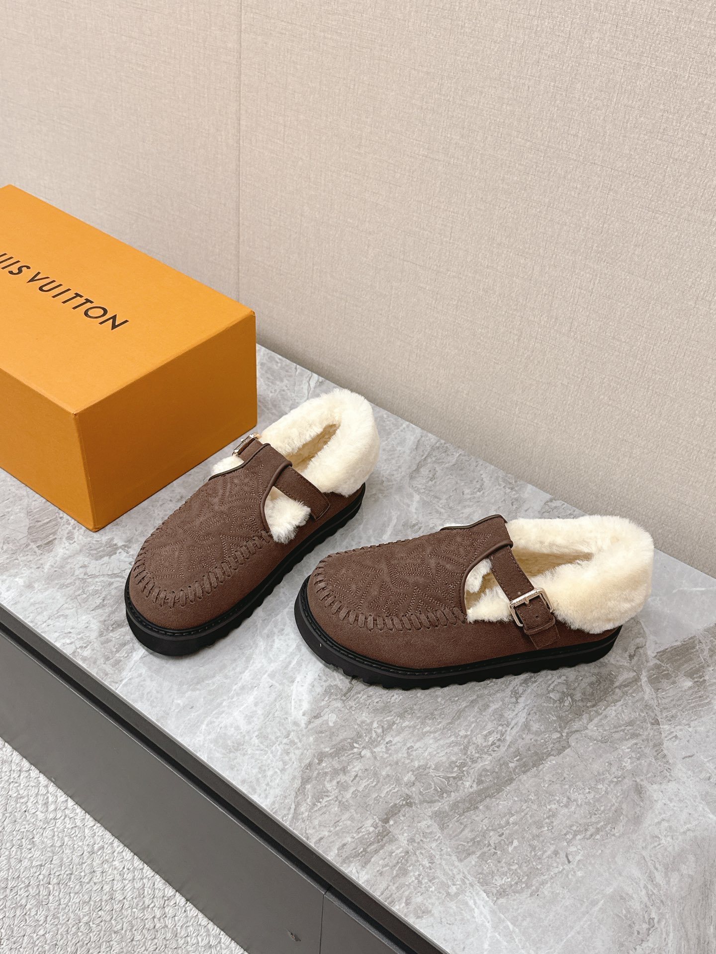 Louis Vuitton Monogram Brown Suede Shearling-Lined Loafers