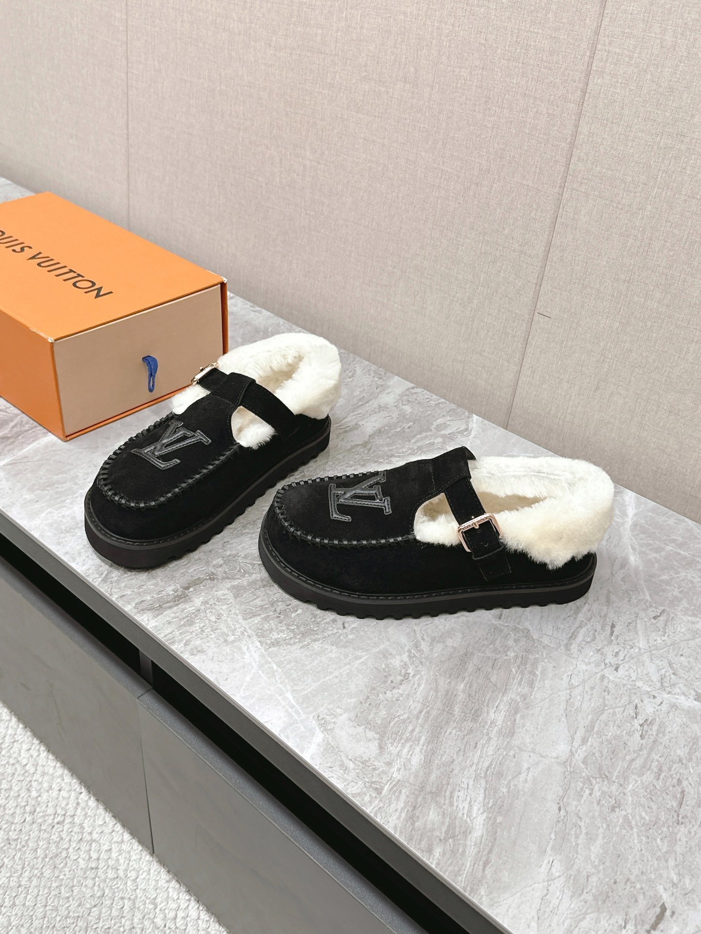 Louis Vuitton Black Suede Shearling-Lined Mary Jane Loafers