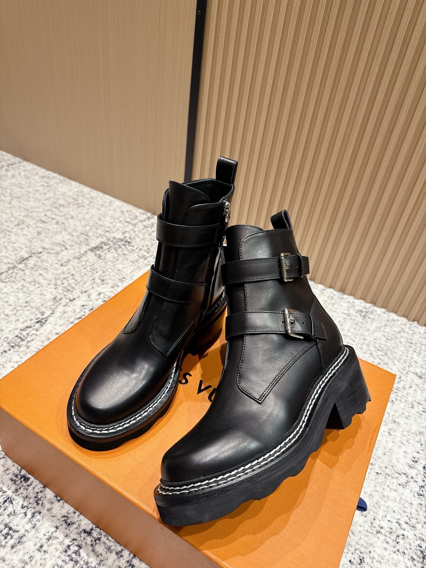 Women's Black Leather Buckle Ankle Boots - Chic Chunky Heel Boots