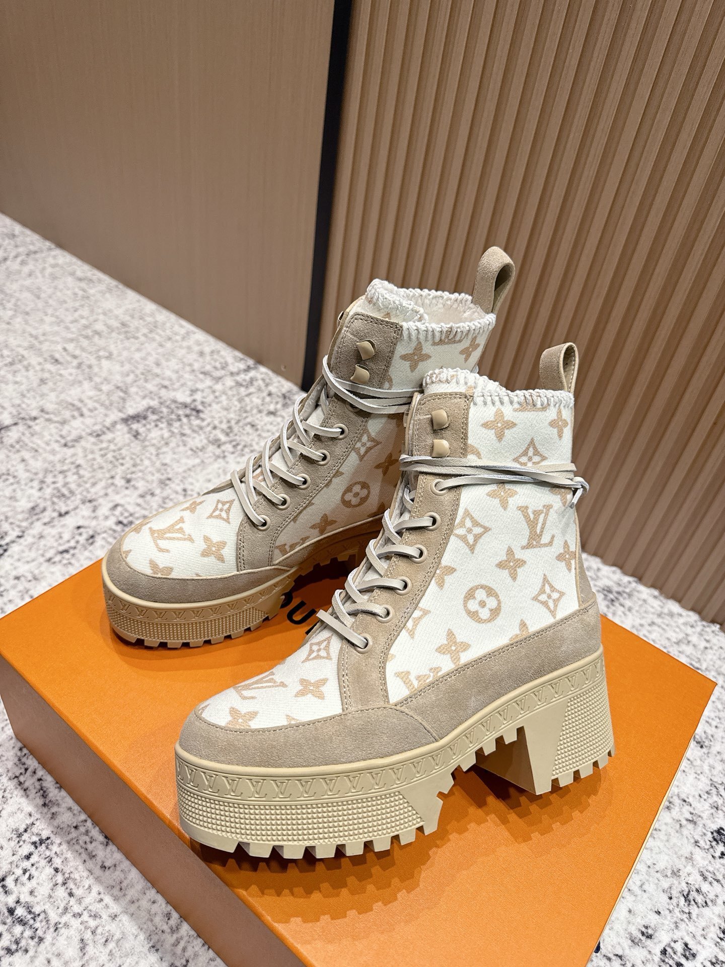 Luxury Monogram Beige Lace-Up Platform Ankle Boots for Women