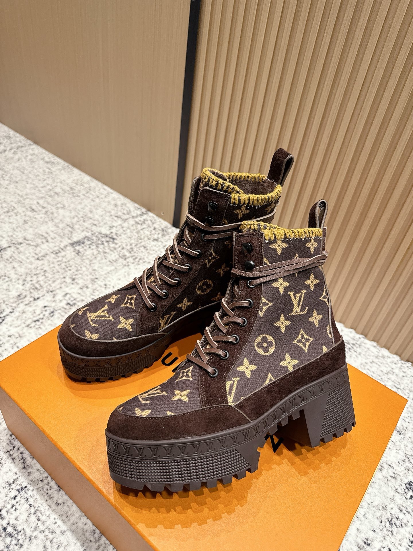 Luxury Monogram Lace-Up Platform Ankle Boots - Brown