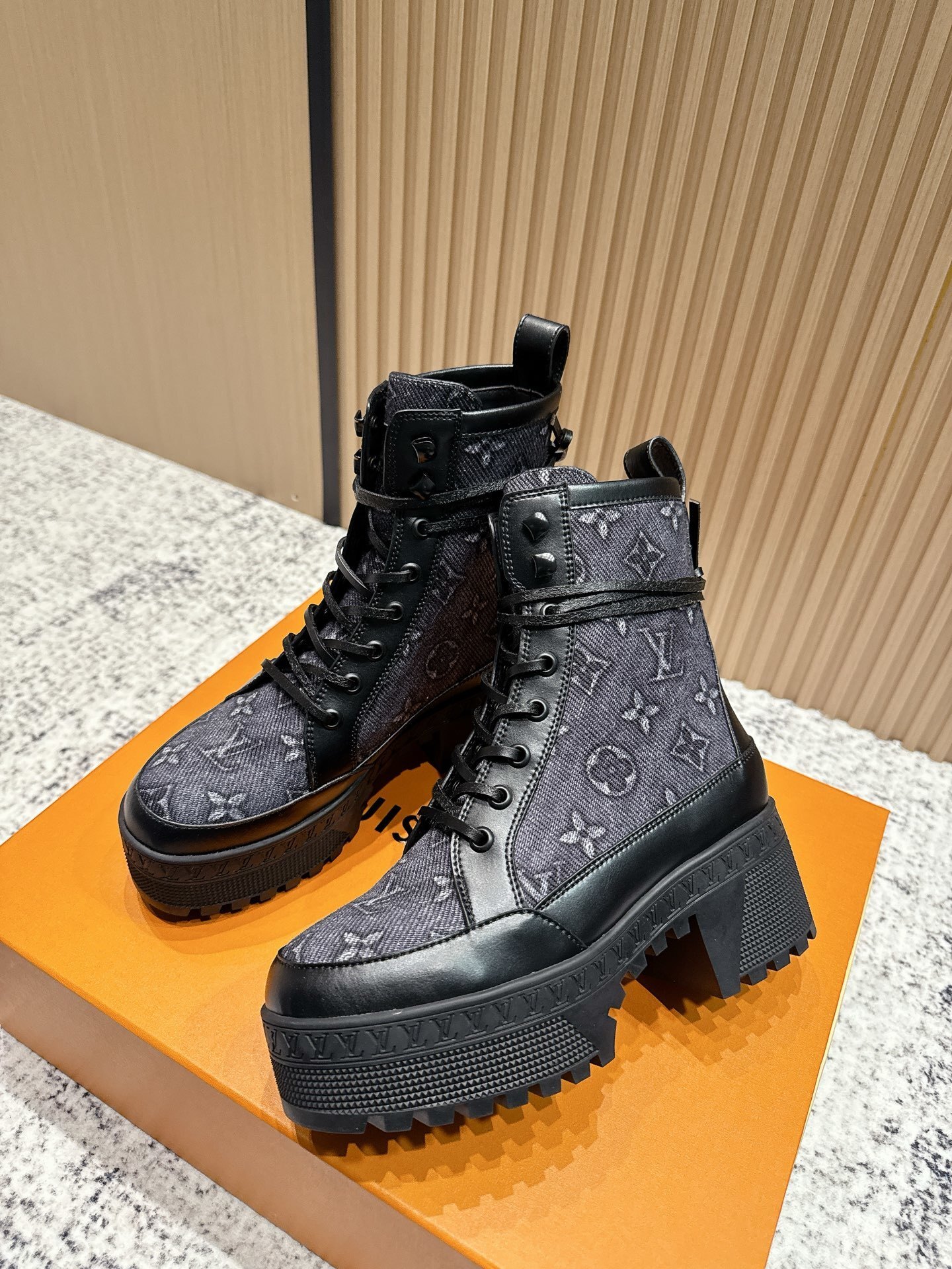 Louis Vuitton Monogram Denim High Heel Platform Combat Boots