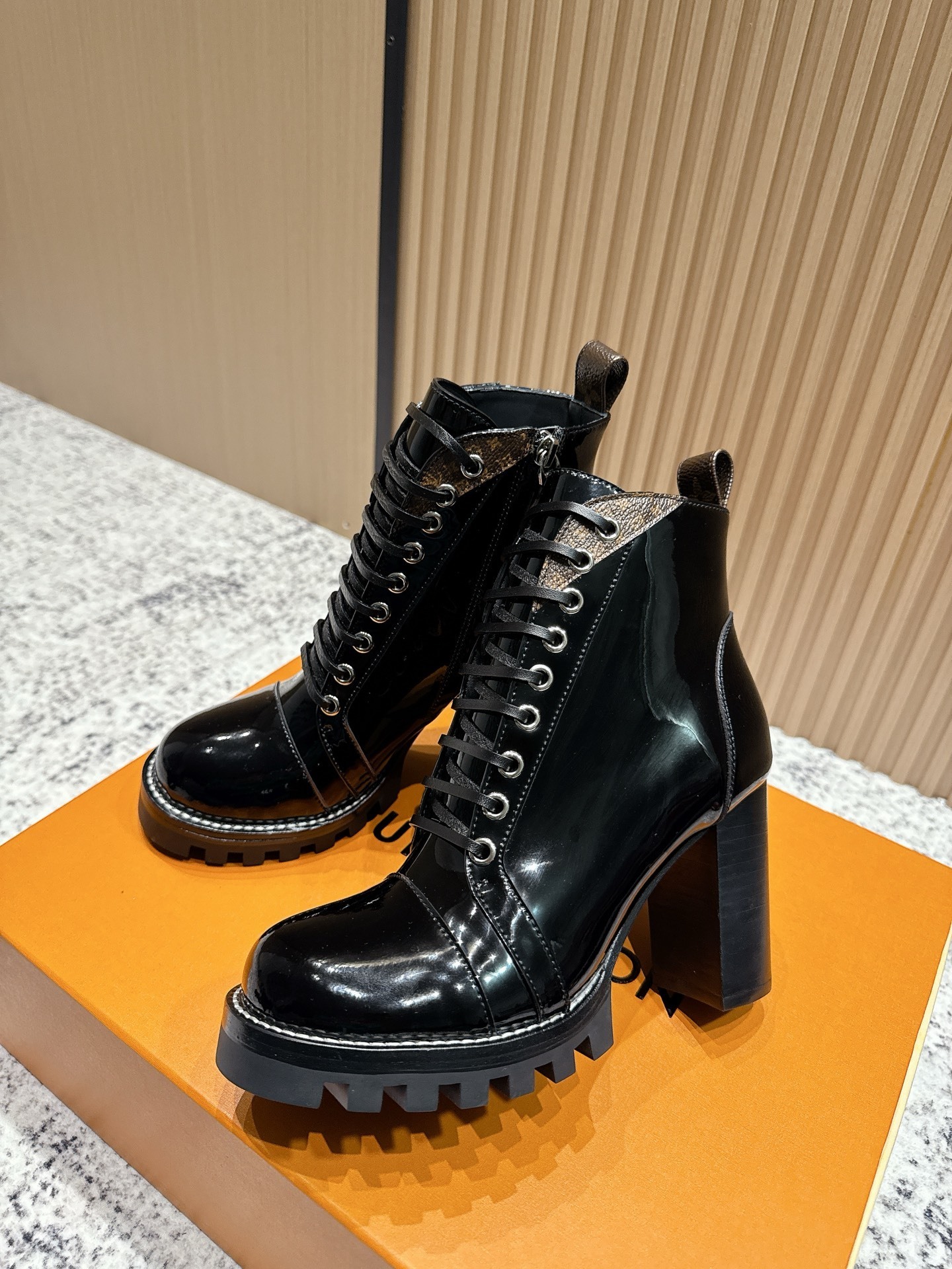 Women's Black Patent Leather Lace-Up Combat Boots Monogram Trim