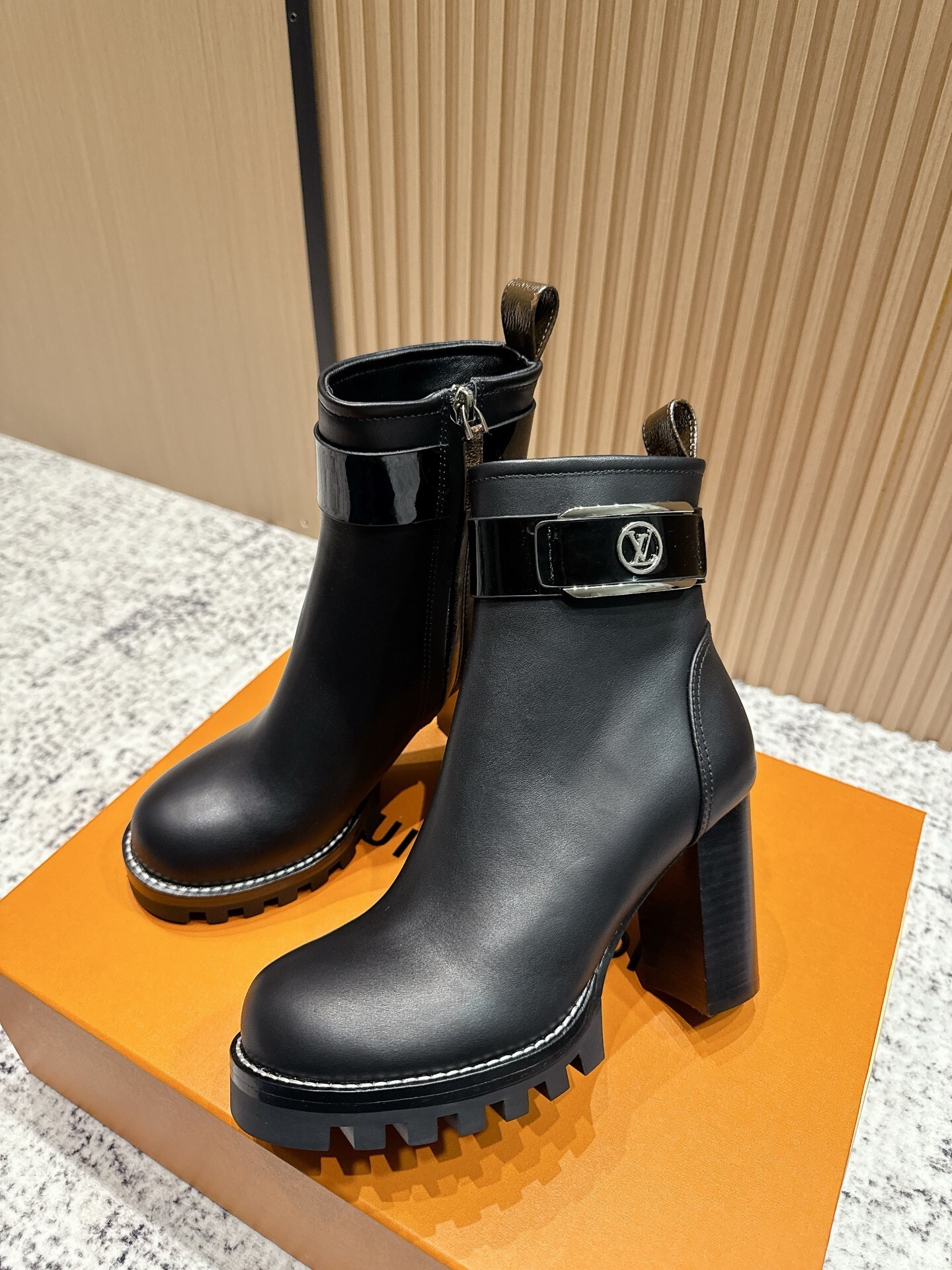 Black Leather Block Heel Ankle Boots with Buckle & Side Zip