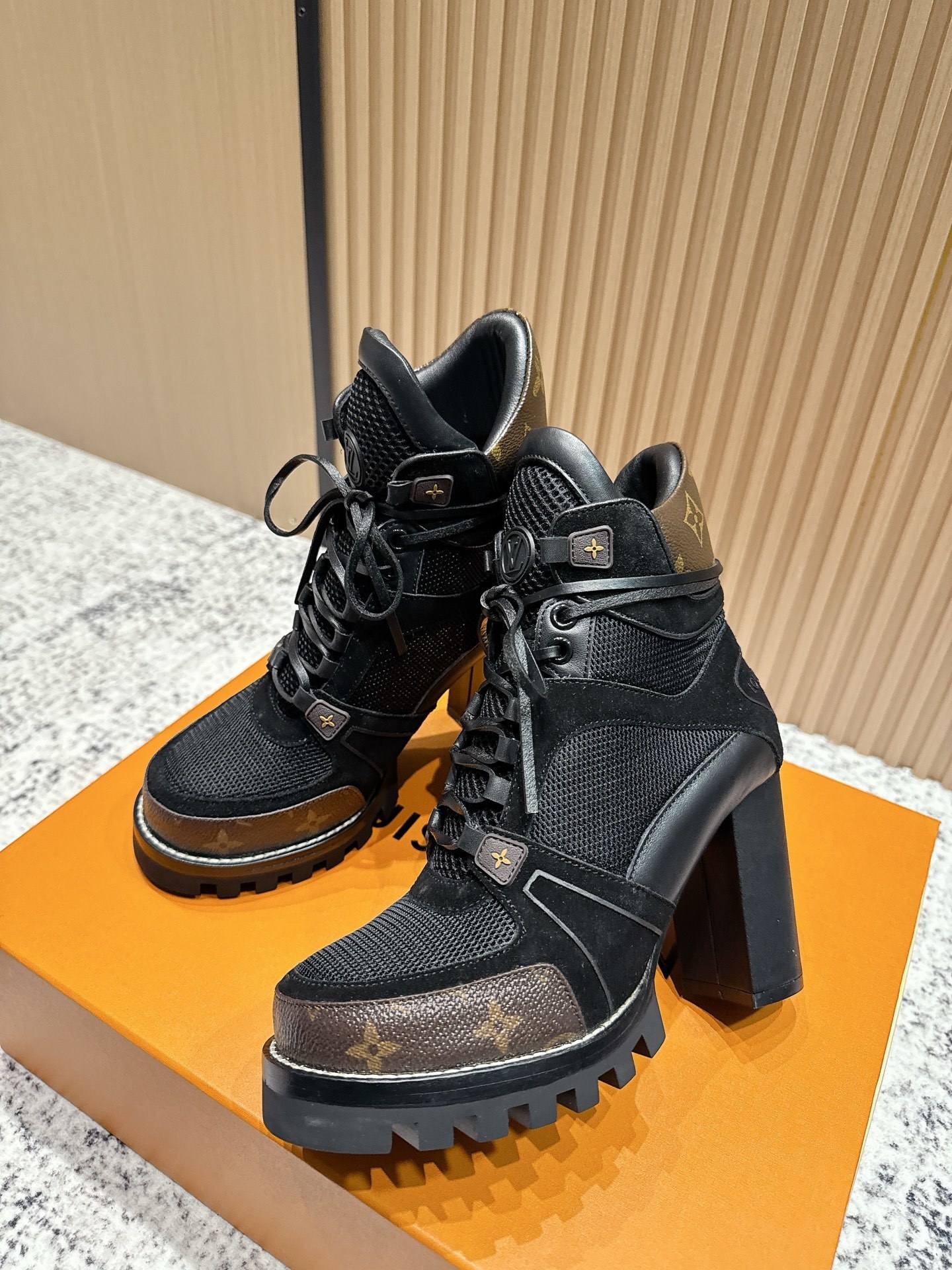 Louis Vuitton Black Mesh & Leather High-Heel Ranger Ankle Boots