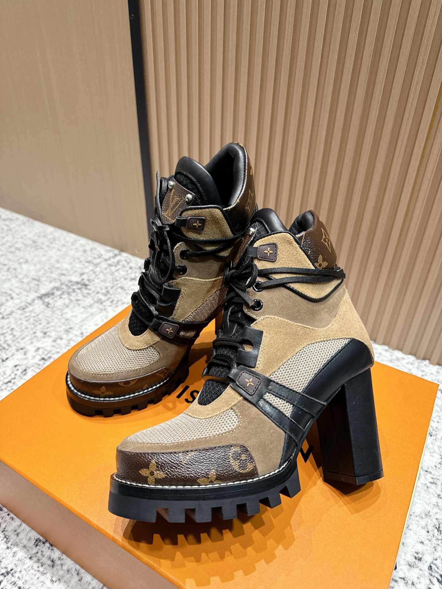 Luxury Monogram High-Heeled Lace-Up Ankle Boots for Women