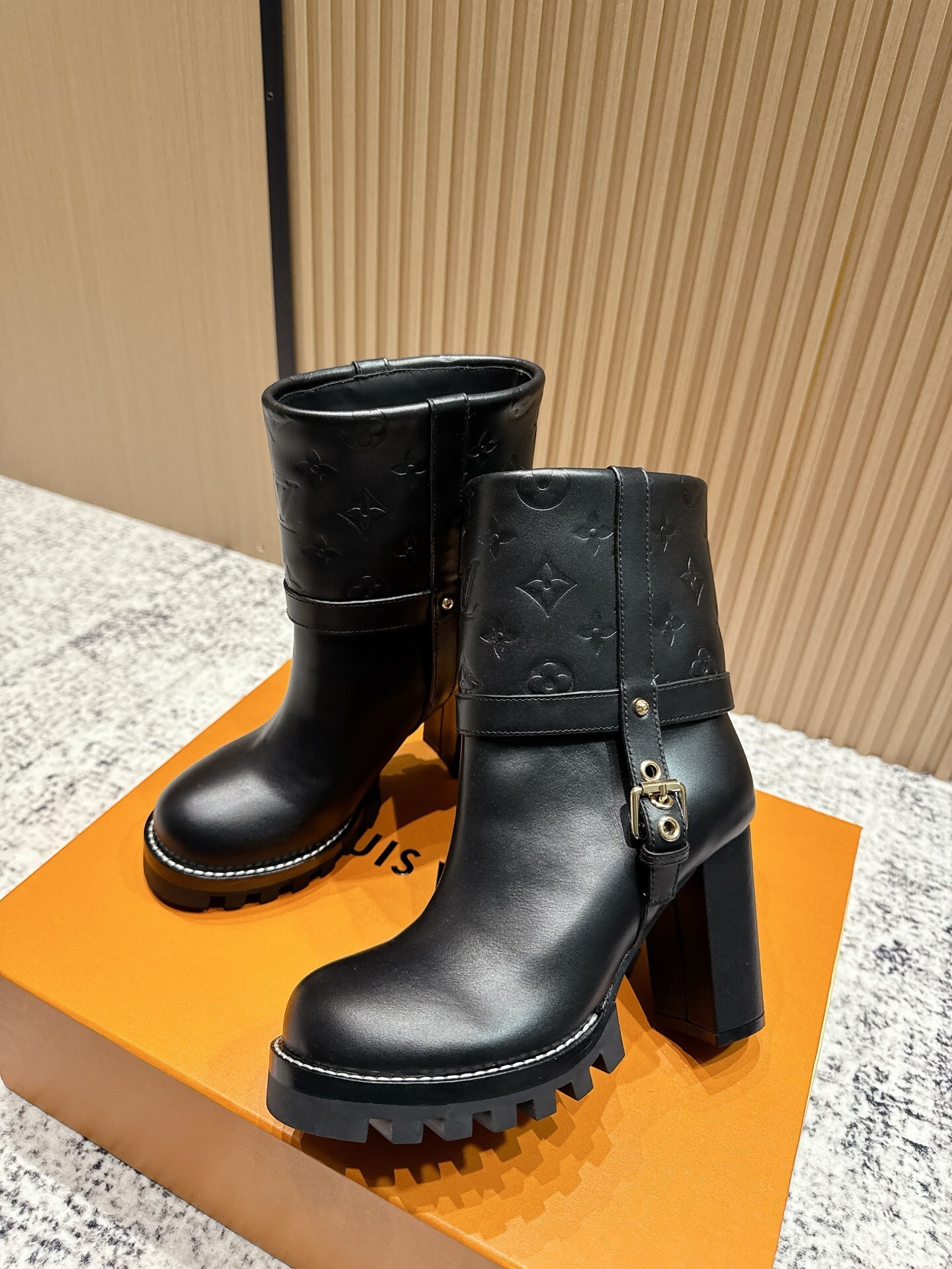 Louis Vuitton Black Monogram Leather Ankle Boots with Lug Sole