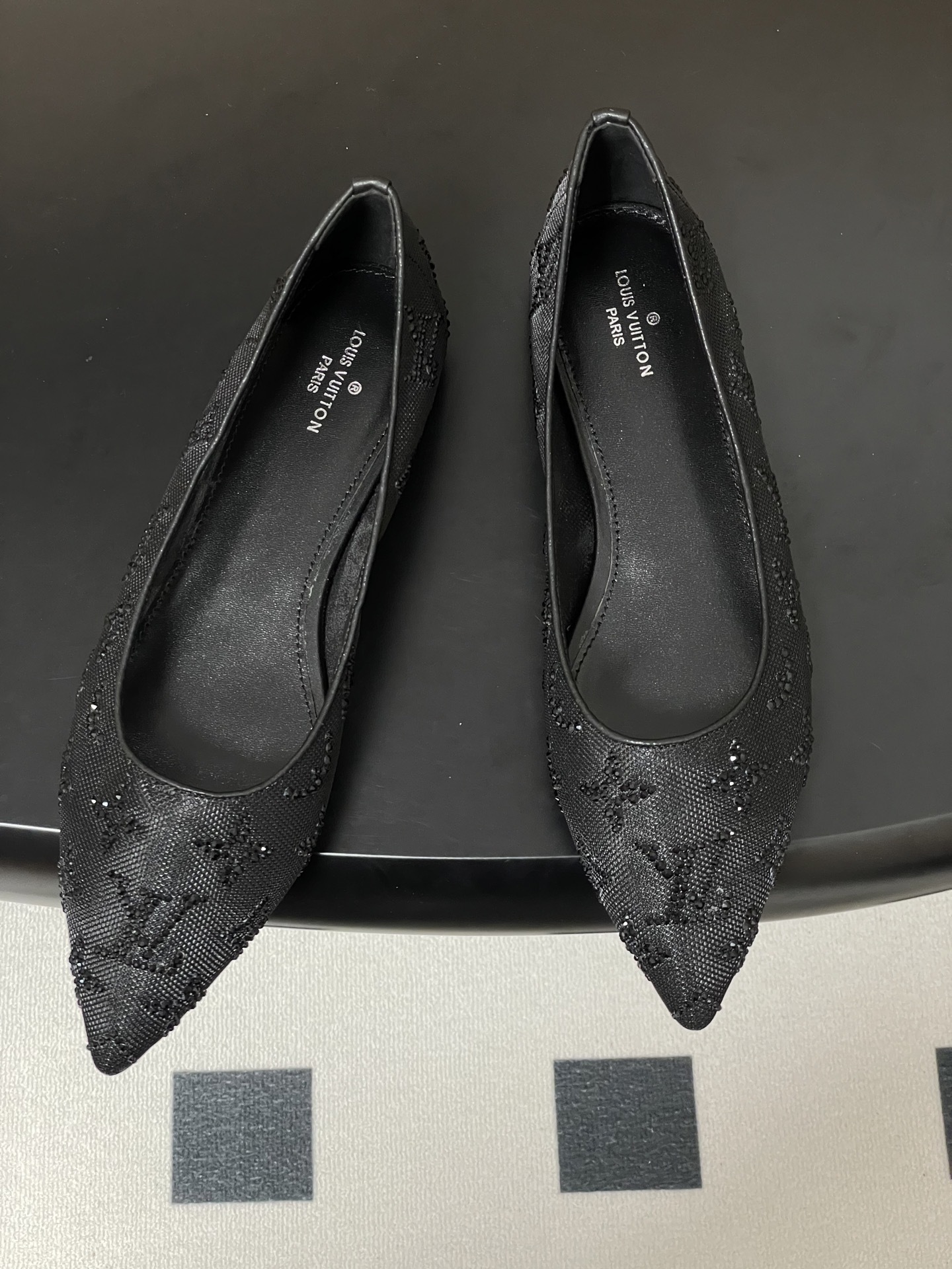Elegant Black Crystal Monogram Mesh Pointed-Toe Flats