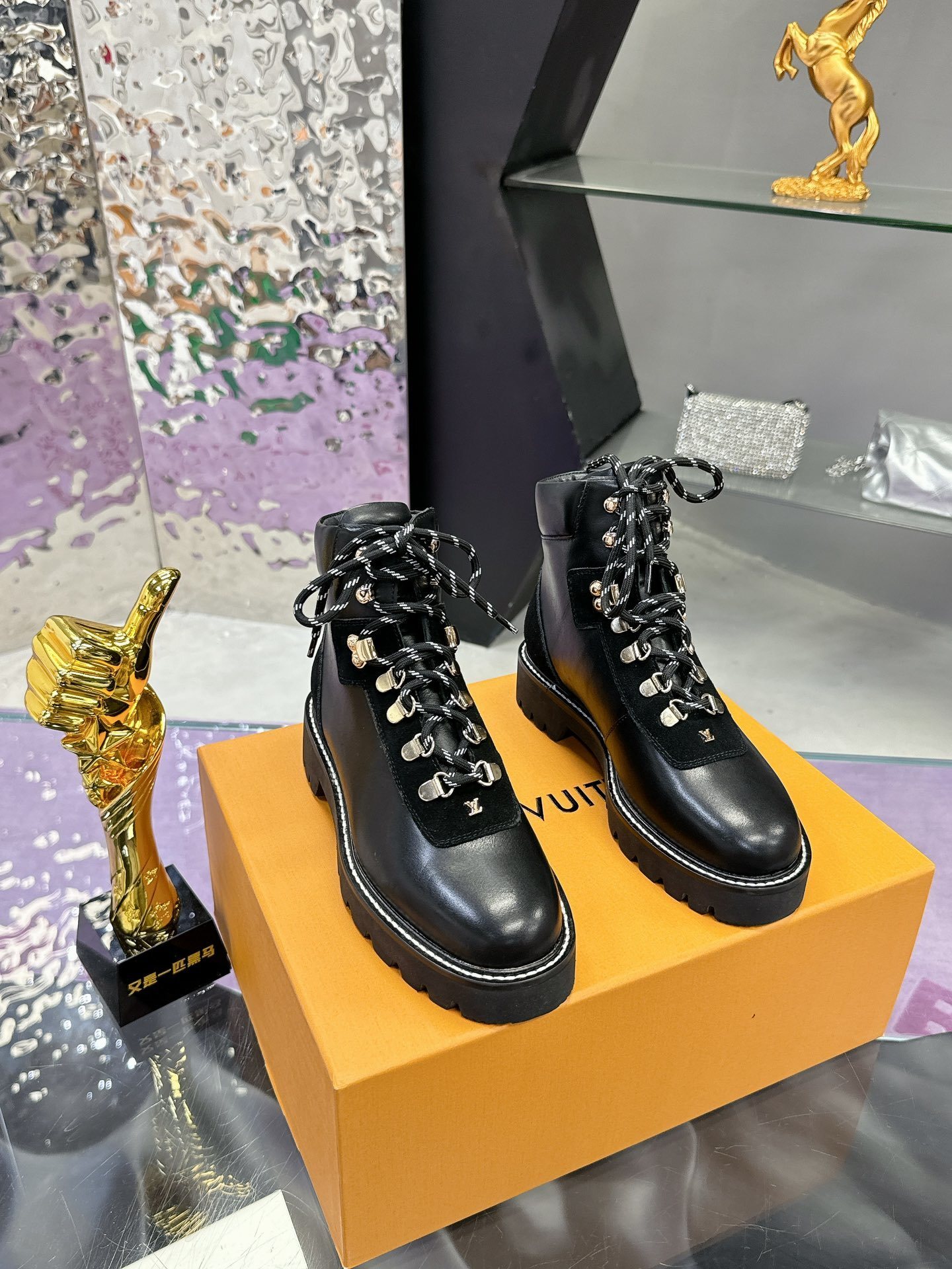 Louis Vuitton Women's Black Leather Combat Boots - Designer Ankle Boots