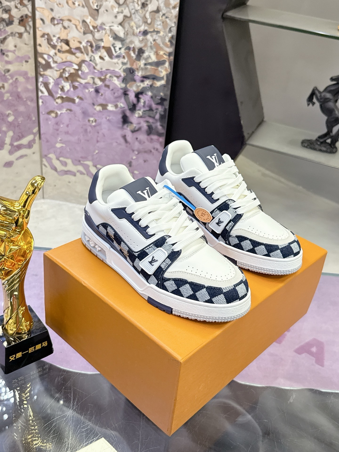 Louis Vuitton LV Trainer Sneakers - White & Navy Damier Pattern
