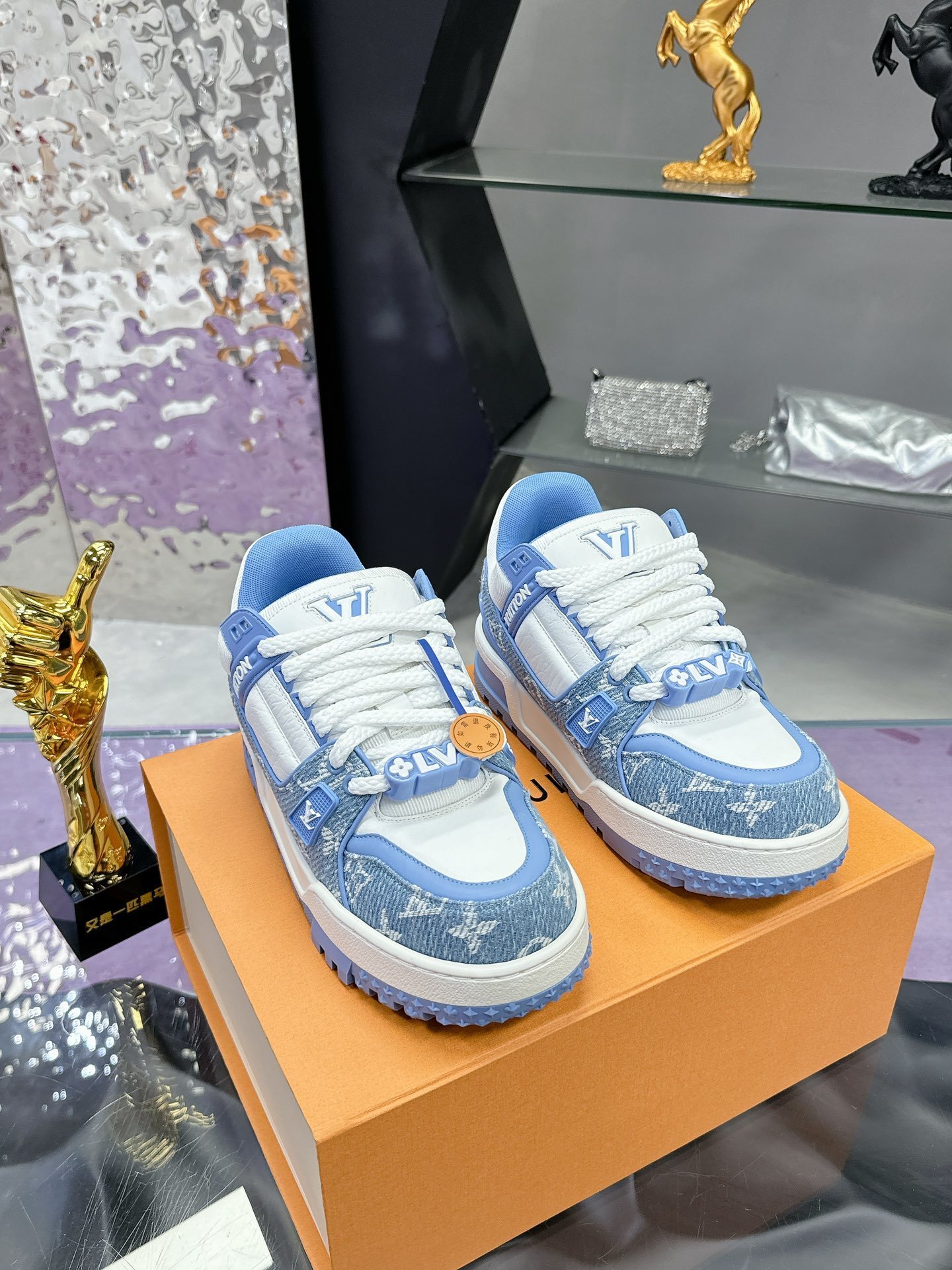 Louis Vuitton LV Trainer Sneaker Blue Monogram Denim & White