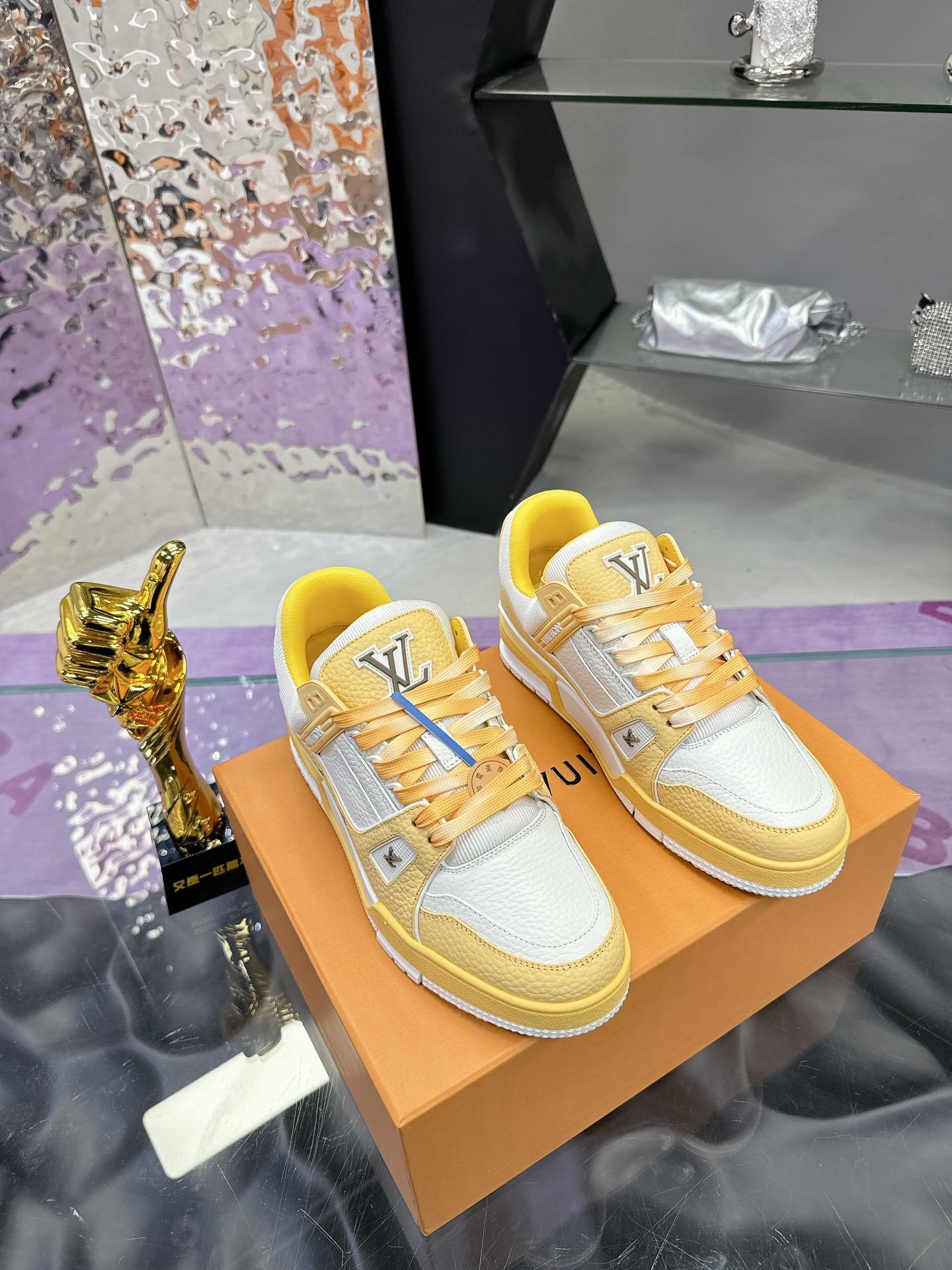 Louis Vuitton LV Trainer Sneaker Yellow White Grained Leather