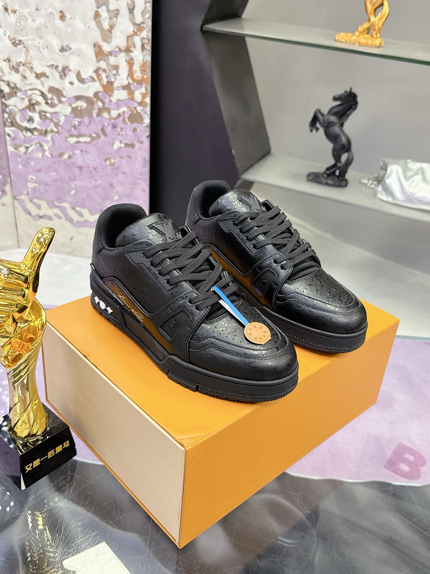 Louis Vuitton LV Trainer Sneakers Black Ostrich Leather