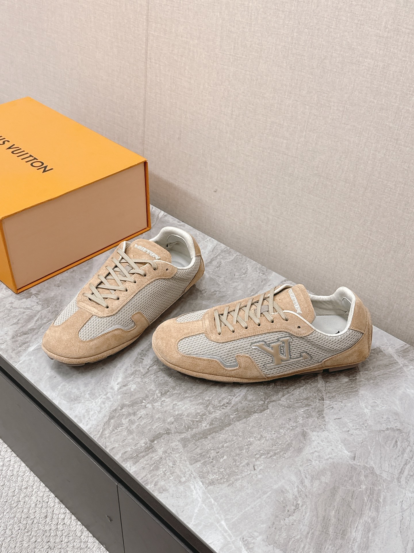Louis Vuitton Beige Mesh & Suede Luxury Sneakers for Men