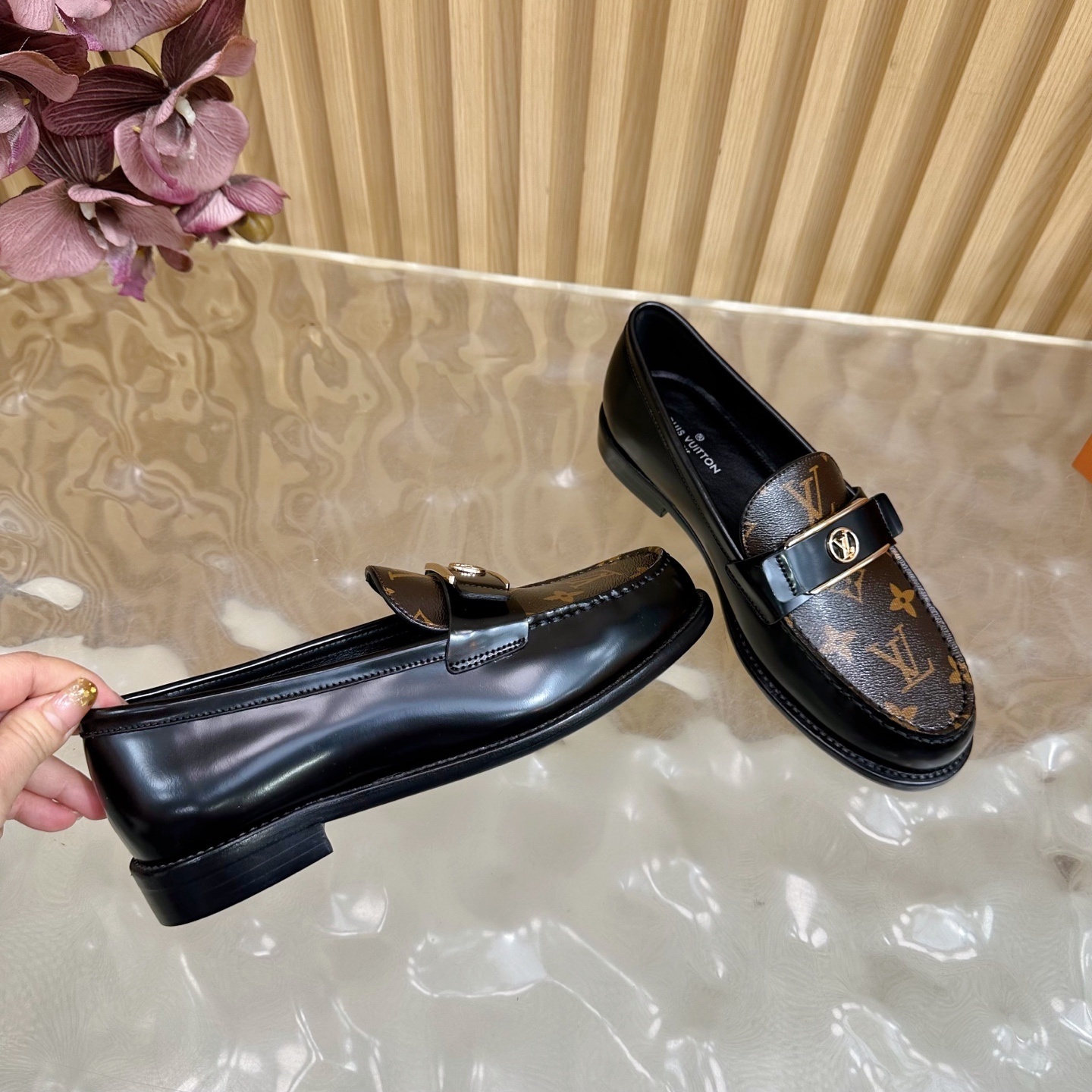 Louis Vuitton Men's Black Leather Monogram Loafers - Designer Shoes