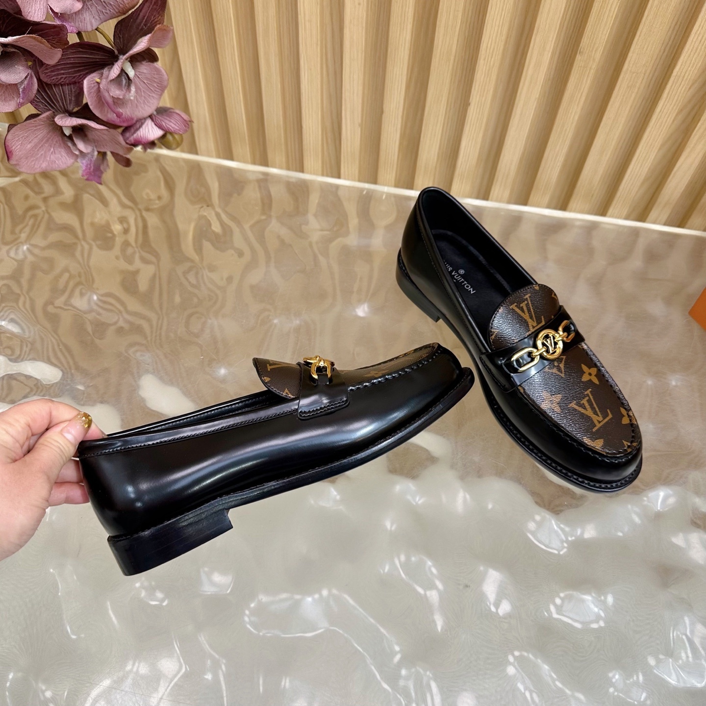Louis Vuitton Academy Loafers in Black Leather & Monogram Canvas