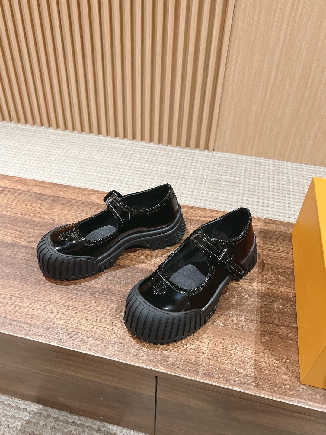 Black Patent Leather Mary Janes with Chunky Ribbed Platform Sole