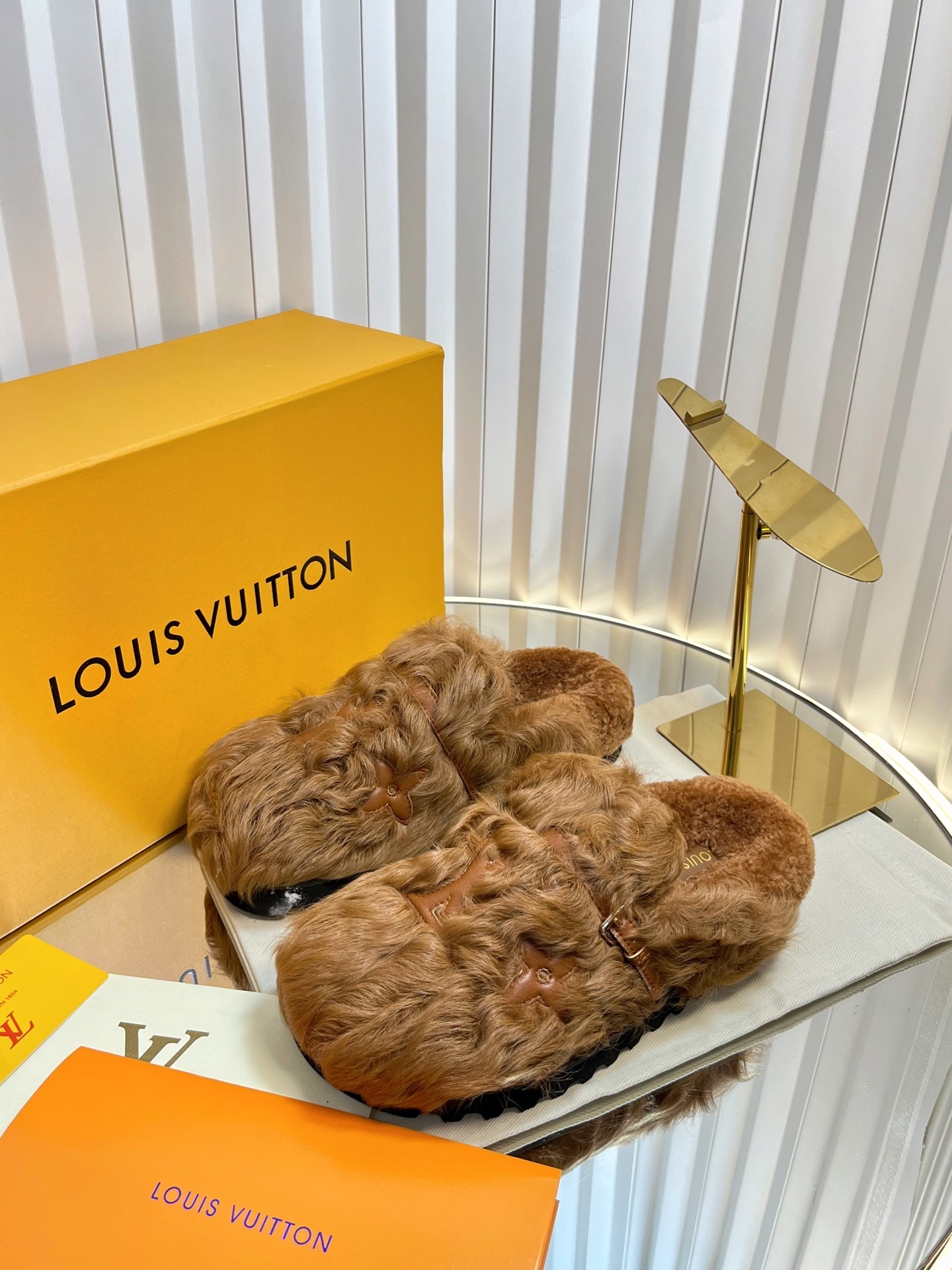 Louis Vuitton Luxury Monogram Fur Slippers - Stylish Camel Brown Mules