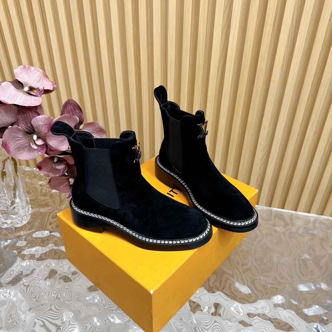 Louis Vuitton Black Suede Chelsea Boots with Gold LV Logo