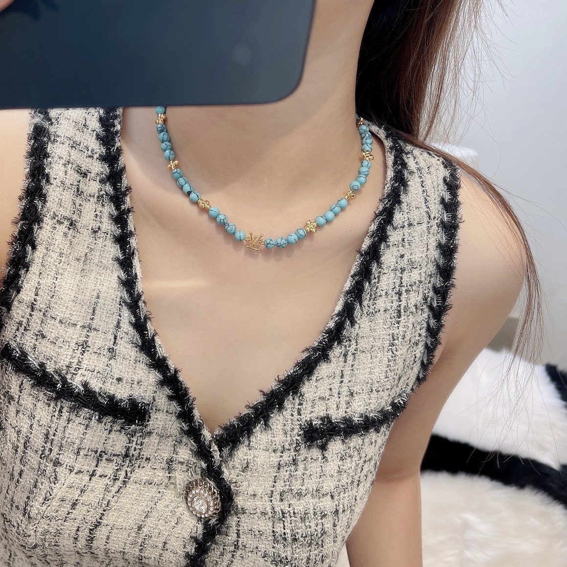 LV Turquoise Beaded Necklace – Gold Accents