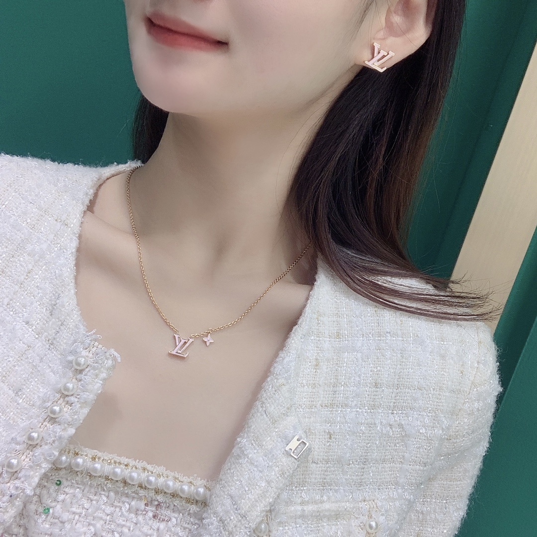 LV Rose Gold Monogram Set – LV Rose Gold Monogram Necklace Earrings