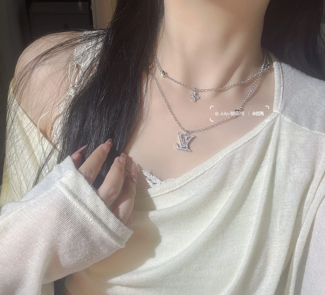 LV Silver Crystal Logo Necklace – Layered Charm