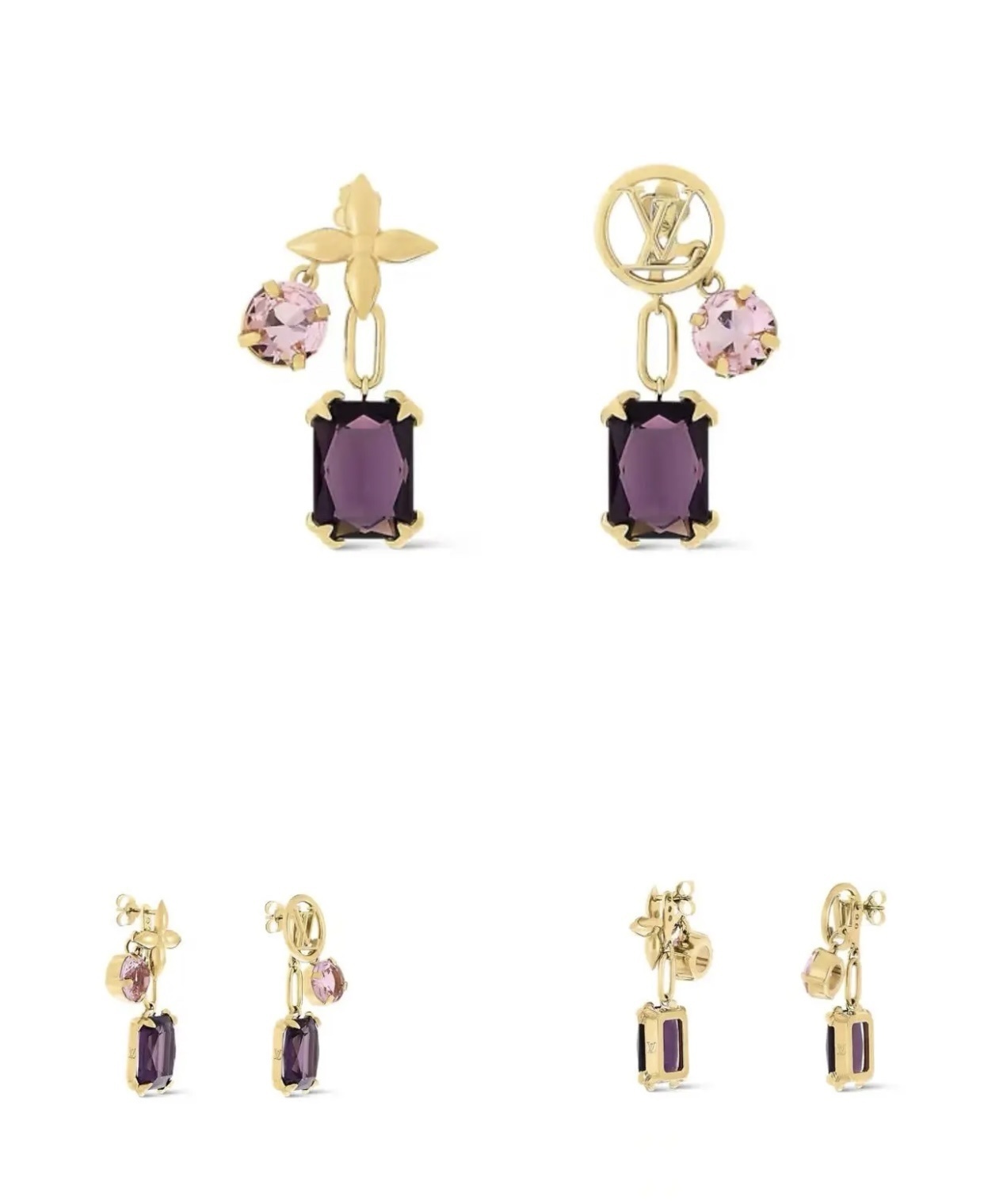 LV Gold Tone Purple Crystal Earrings – Designer Drops