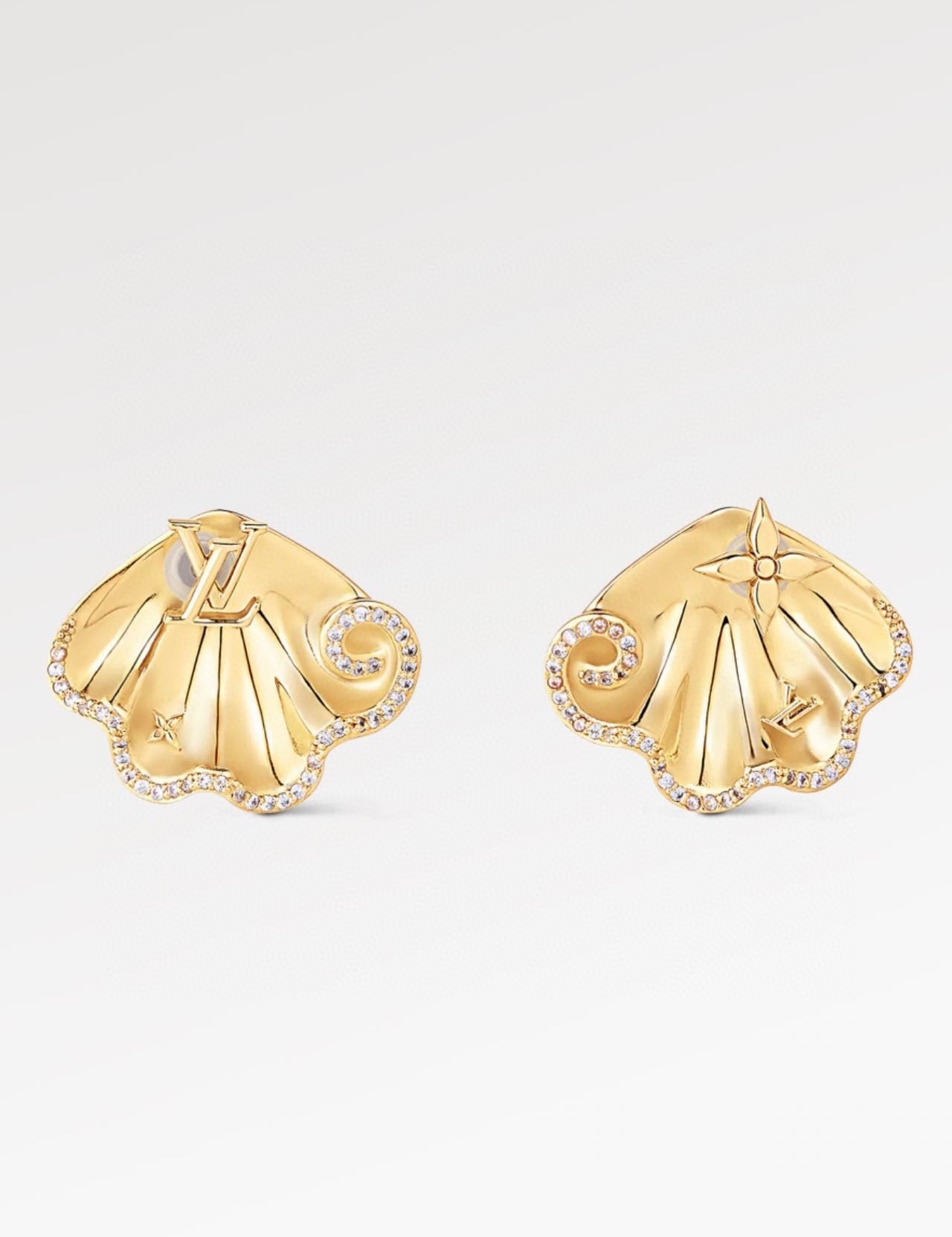 Louis Vuitton Gold Shell Earrings Crystal Accent – Designer