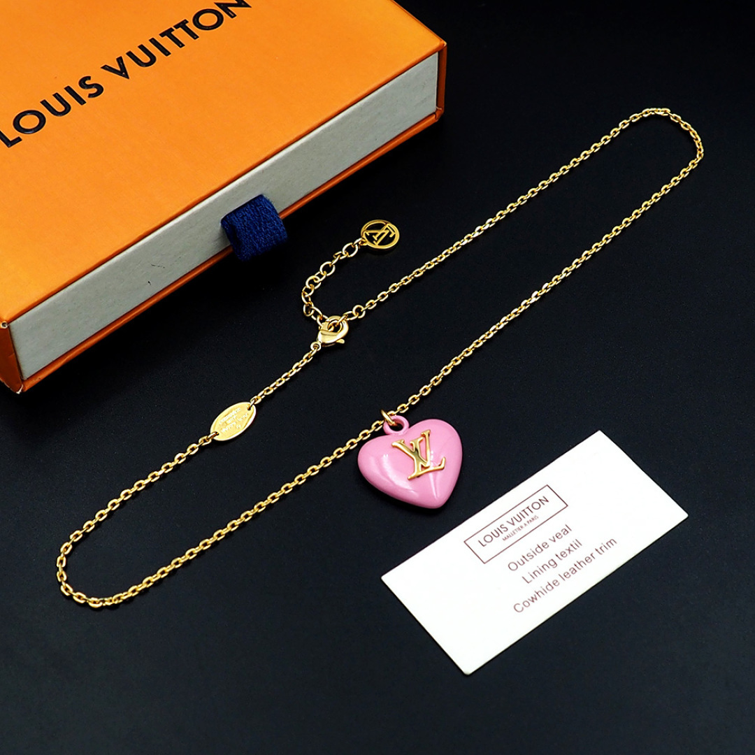 LV Pink Heart Pendant Necklace – Gold Chain Accent