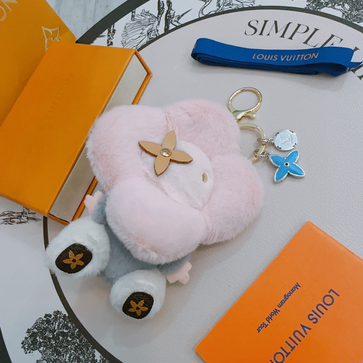 LV Flower Bear Charm - LV Flower Bear Bag Charm - Pink Furry Keychain