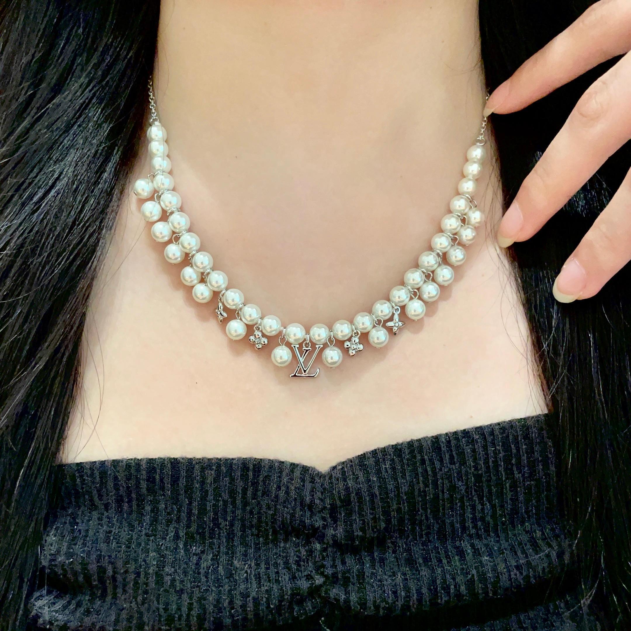 Louis Vuitton Pearl Chain Necklace – Silver LV Charm