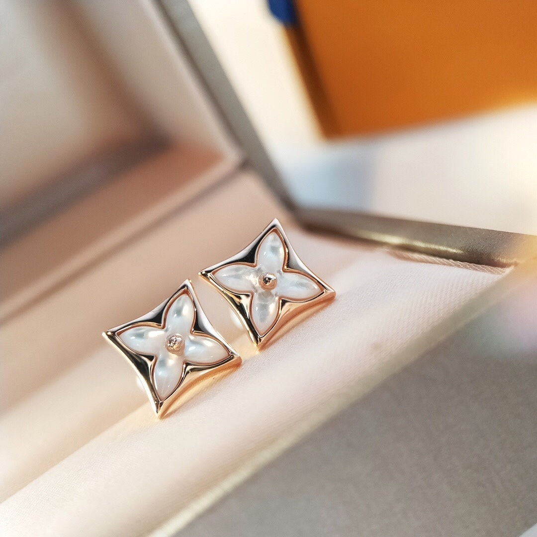 LV Rose Gold White Flower Earrings – Designer Studs