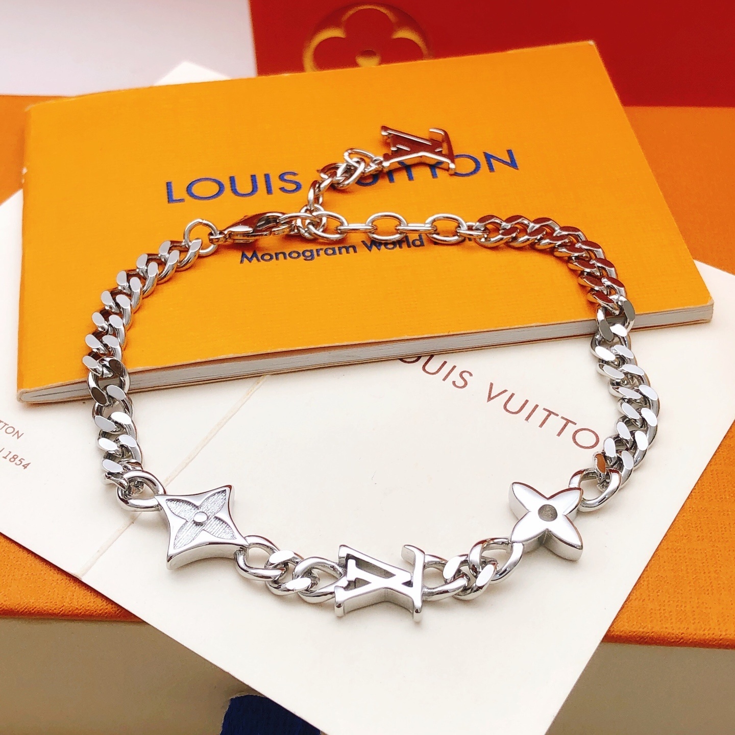 LV Monogram Silver Chain Bracelet – Premium Quality